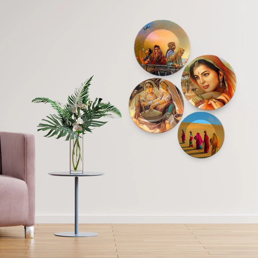 Traditional Rajasthani Women Culture Art Wall Plates Set of Four - Image 2