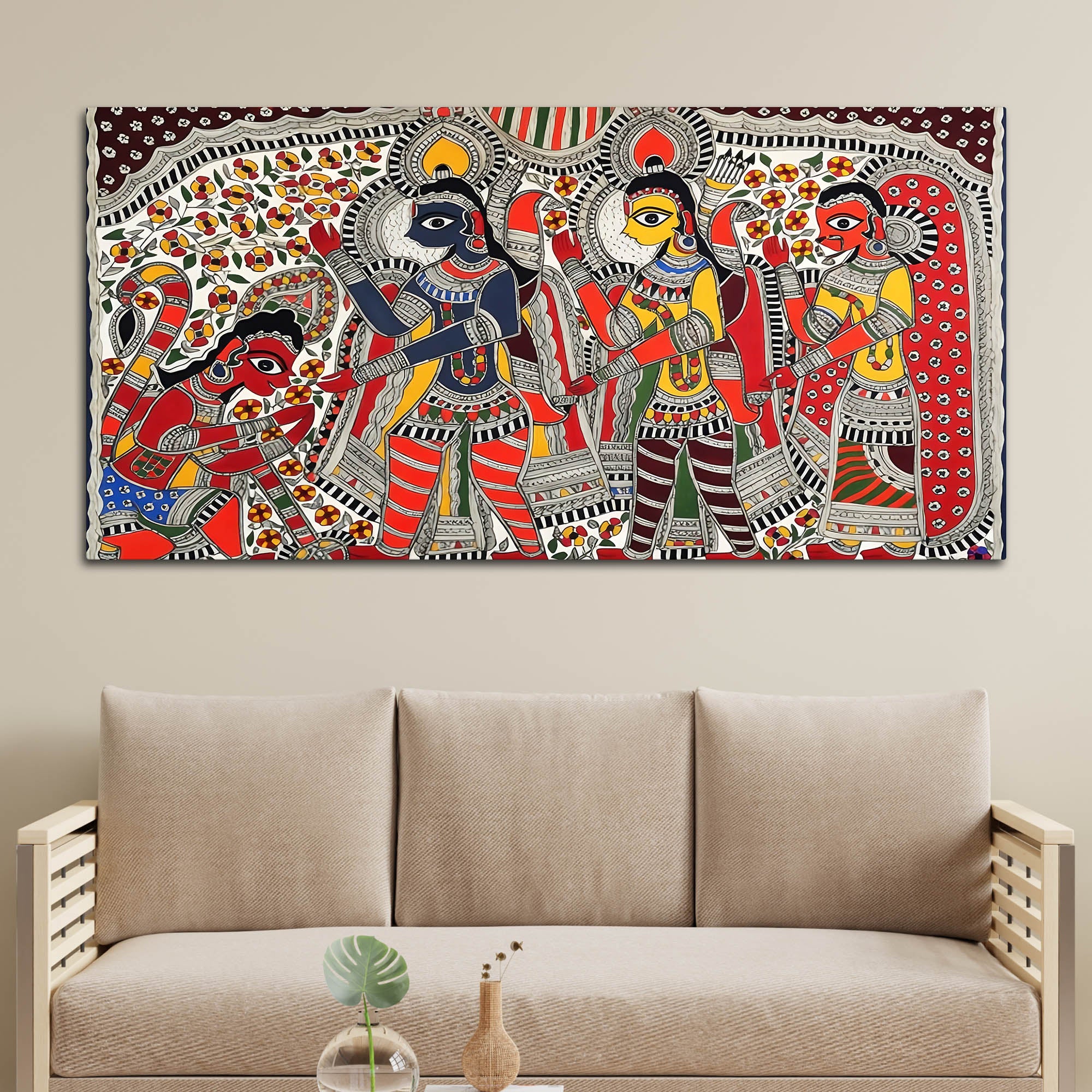 Traditional Ramayana Madhubani Canvas Wall Painting - Image 3