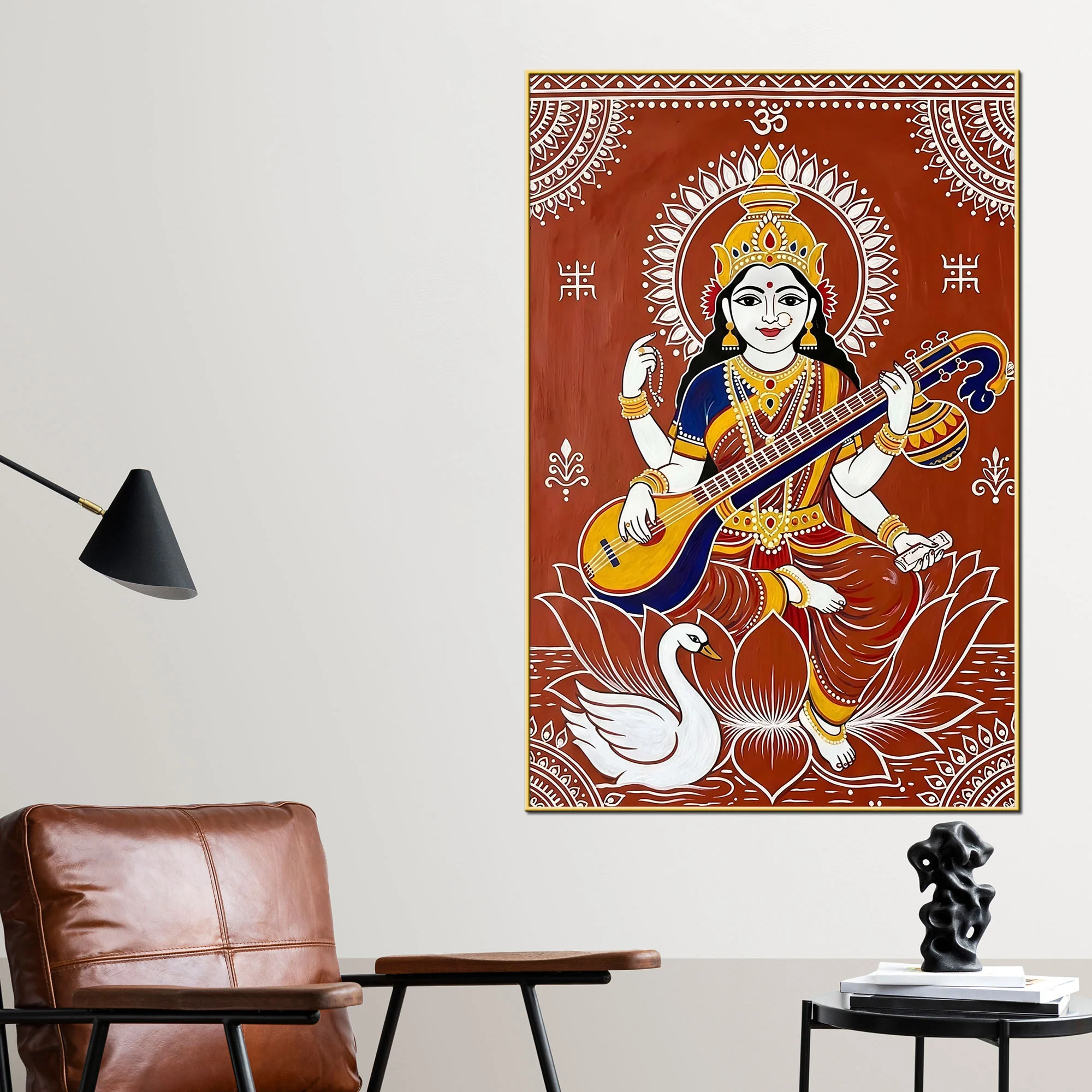 Traditional Saraswati Mata Canvas Painting for Spiritual Home Wall Decor