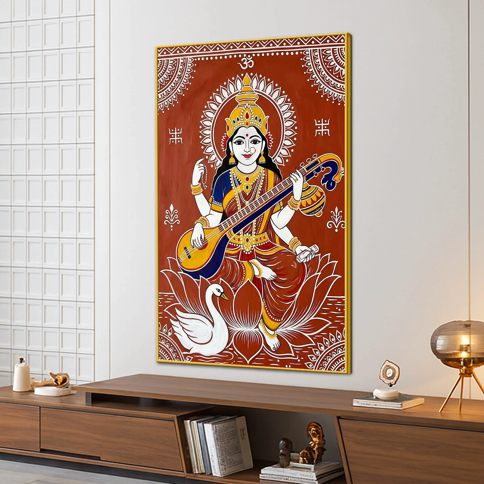 Traditional Saraswati Mata Canvas Painting for Spiritual Home Wall Decor - Image 3