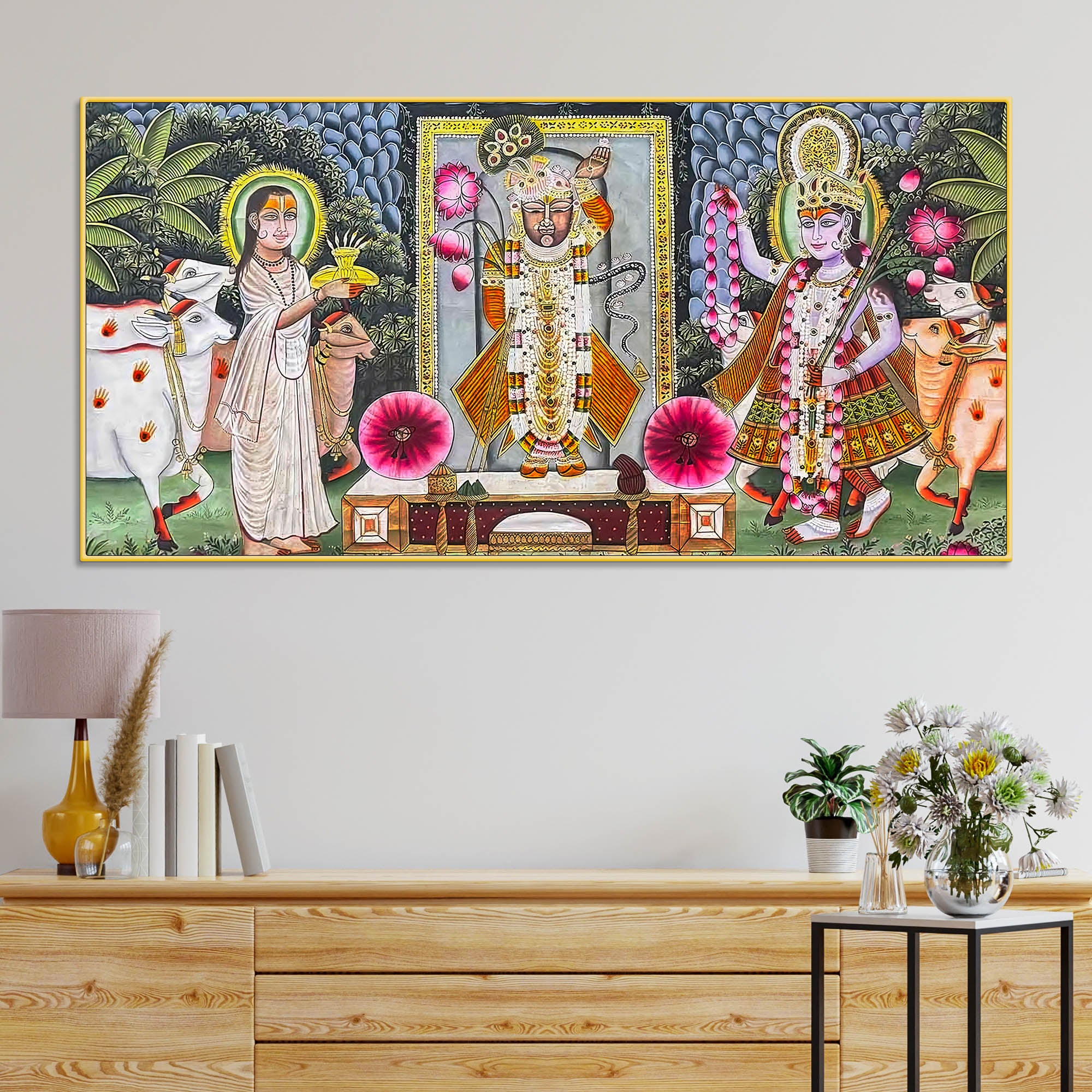 Traditional Shreenathji Temple Scene Pichwai Canvas Wall Painting - Image 2