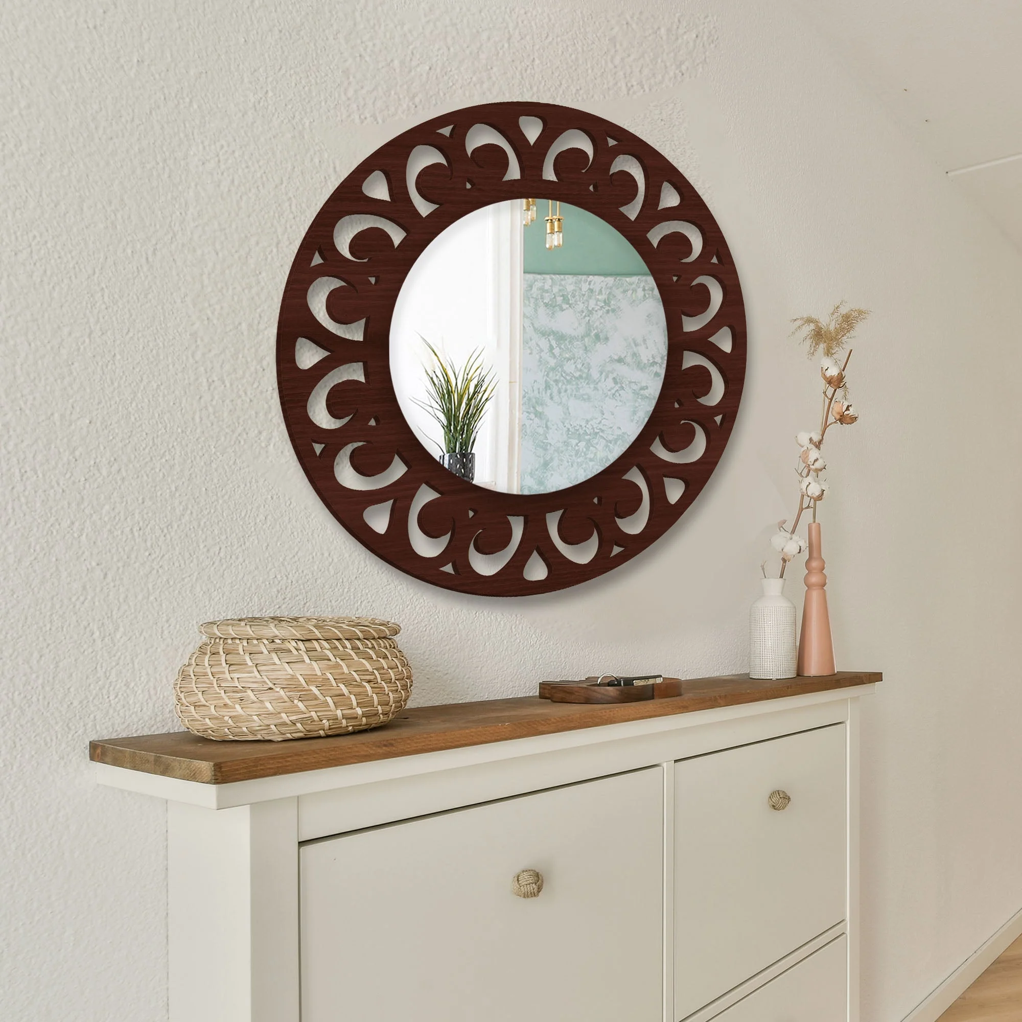 Traditional Style Floral Art Wooden Wall Mirror - Image 2