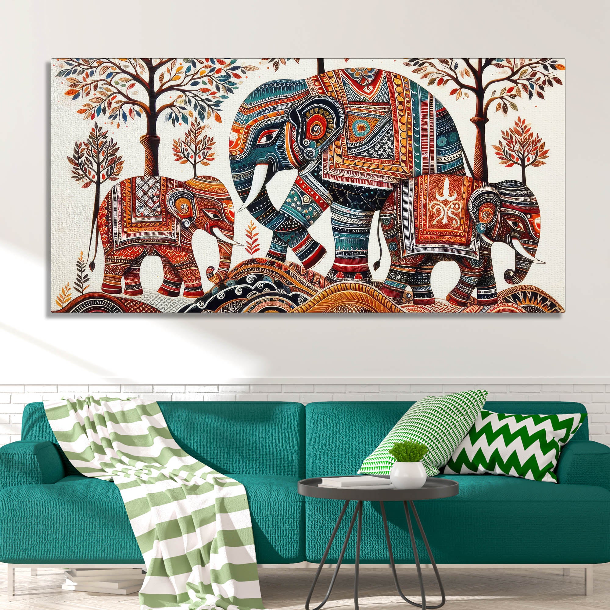 Traditional Three Artistic Elephant Art Canvas Wooden Wall Painting - Image 2