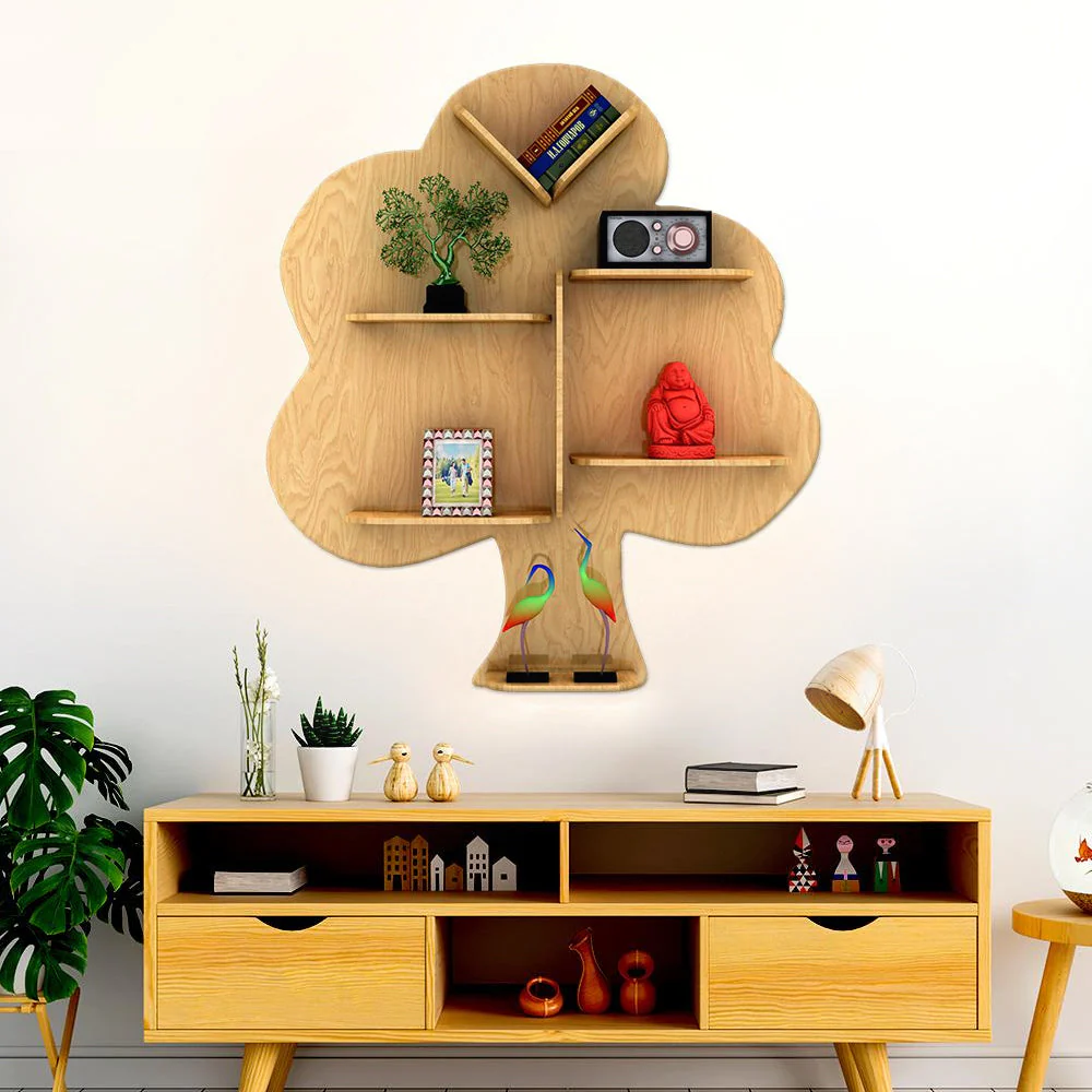 Tree Backlit Designer Wooden Wall Shelf / Book Shelf / Night Light, Light Oak Finish - Image 2