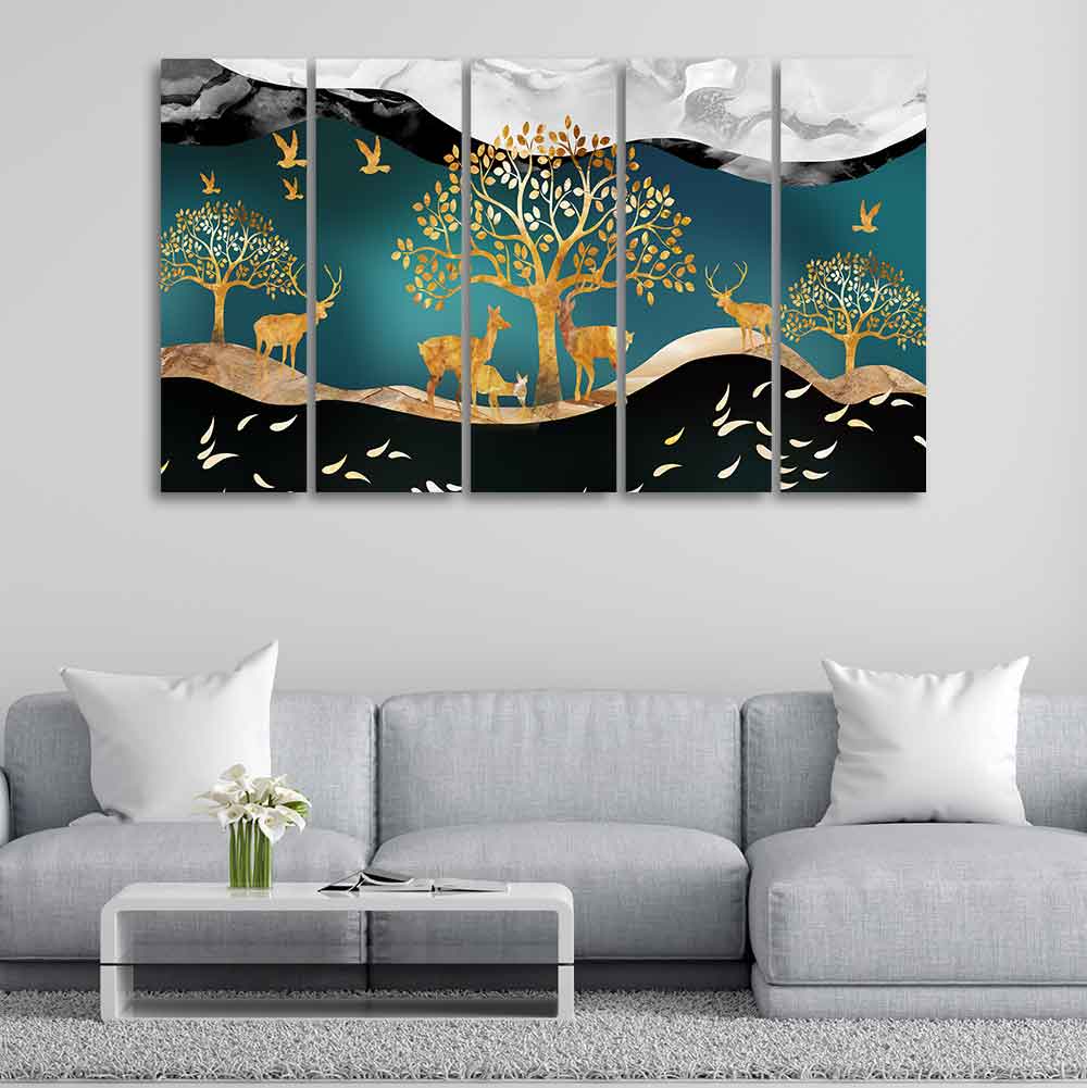 Trees and Deer Canvas Wall Painting Set of Five - Image 2