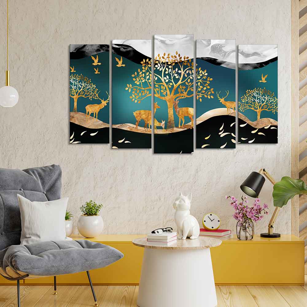 Trees and Deer Canvas Wall Painting Set of Five Pieces - Image 2