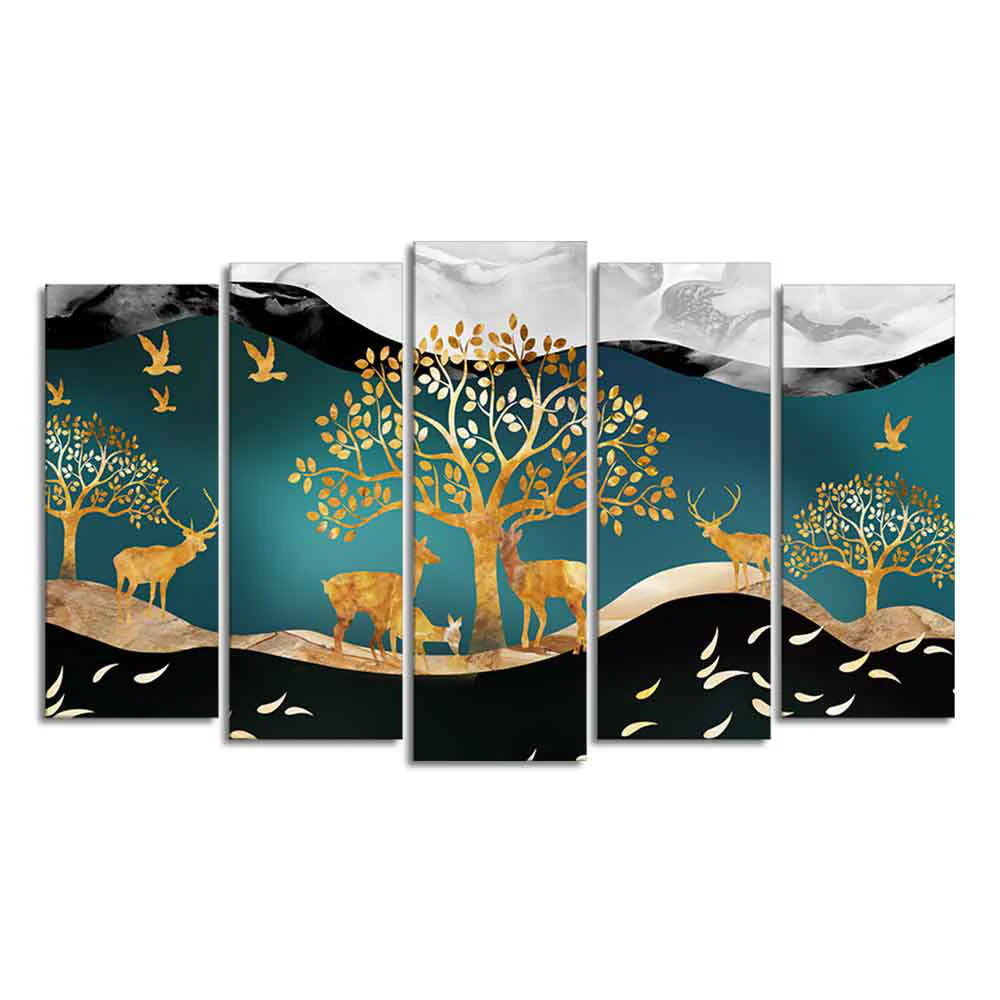 Trees and Deer Canvas Wall Painting Set of Five Pieces - Image 4