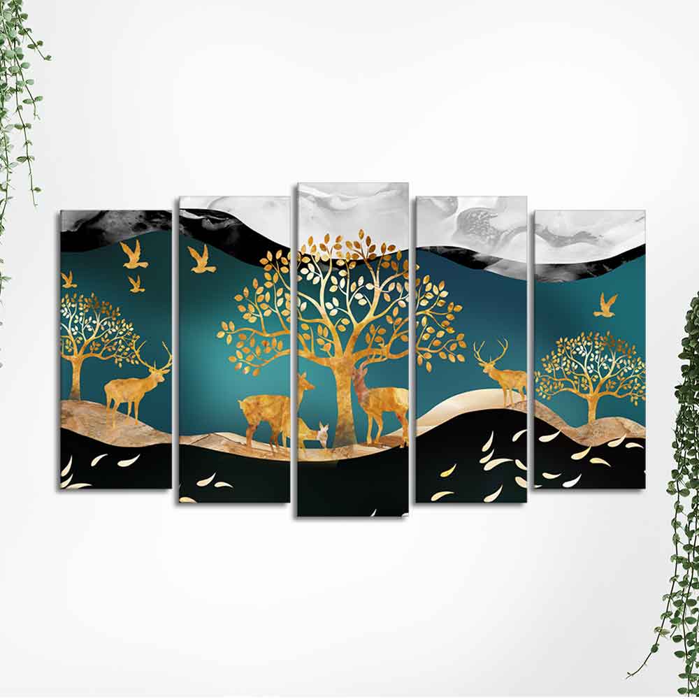 Trees and Deer Canvas Wall Painting Set of Five Pieces - Image 5