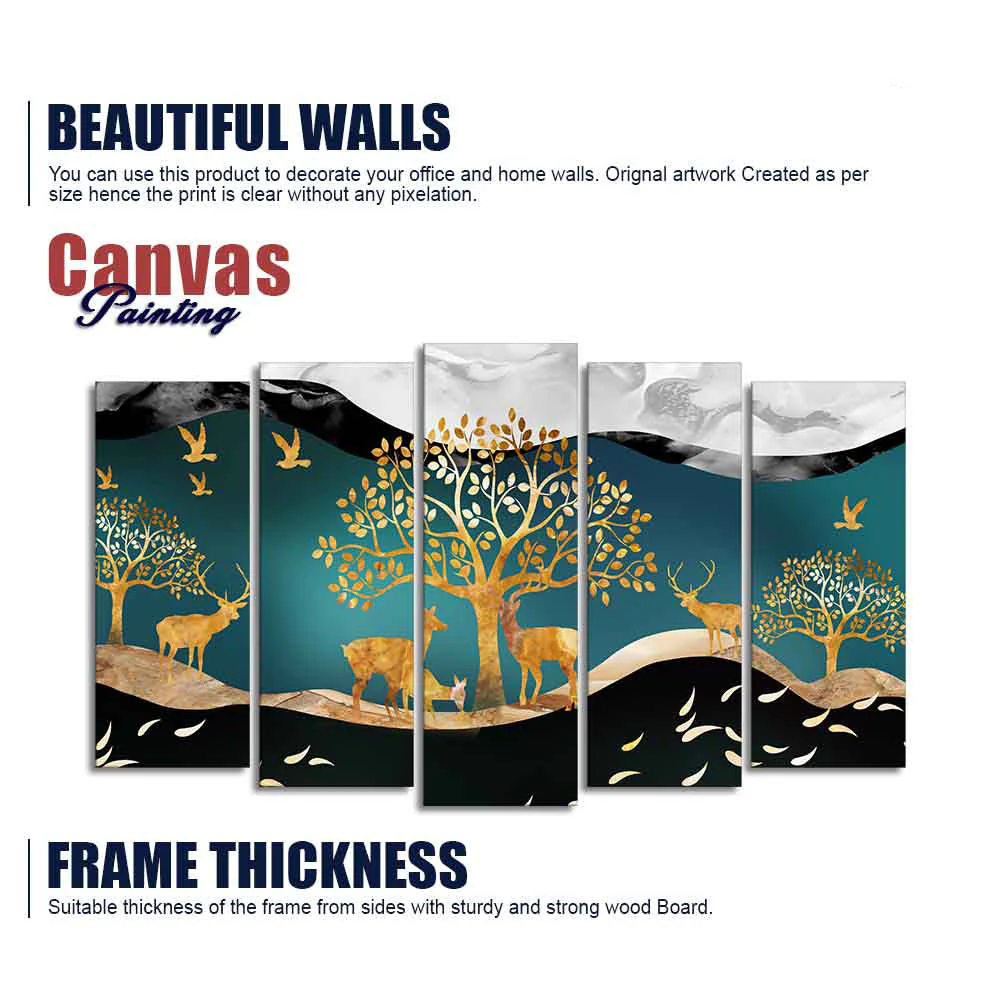 Trees and Deer Canvas Wall Painting Set of Five Pieces - Image 6
