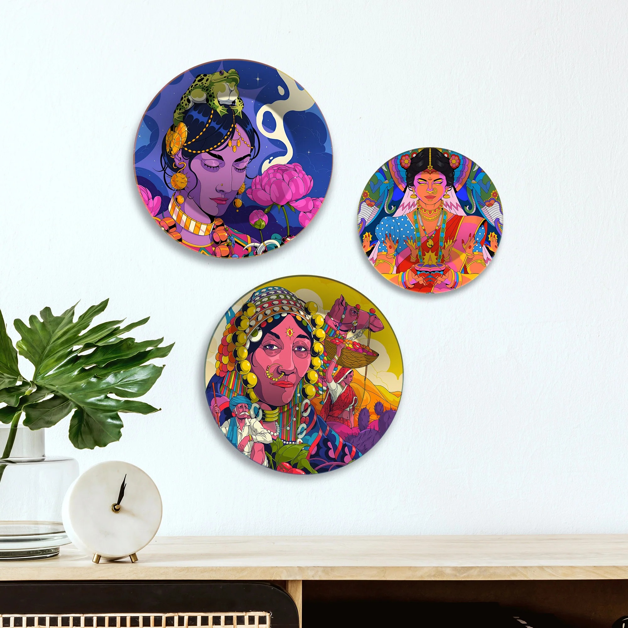 Tribal Queens Folk Fusion Premium Wall Plates Painting Set of 3 - Image 2