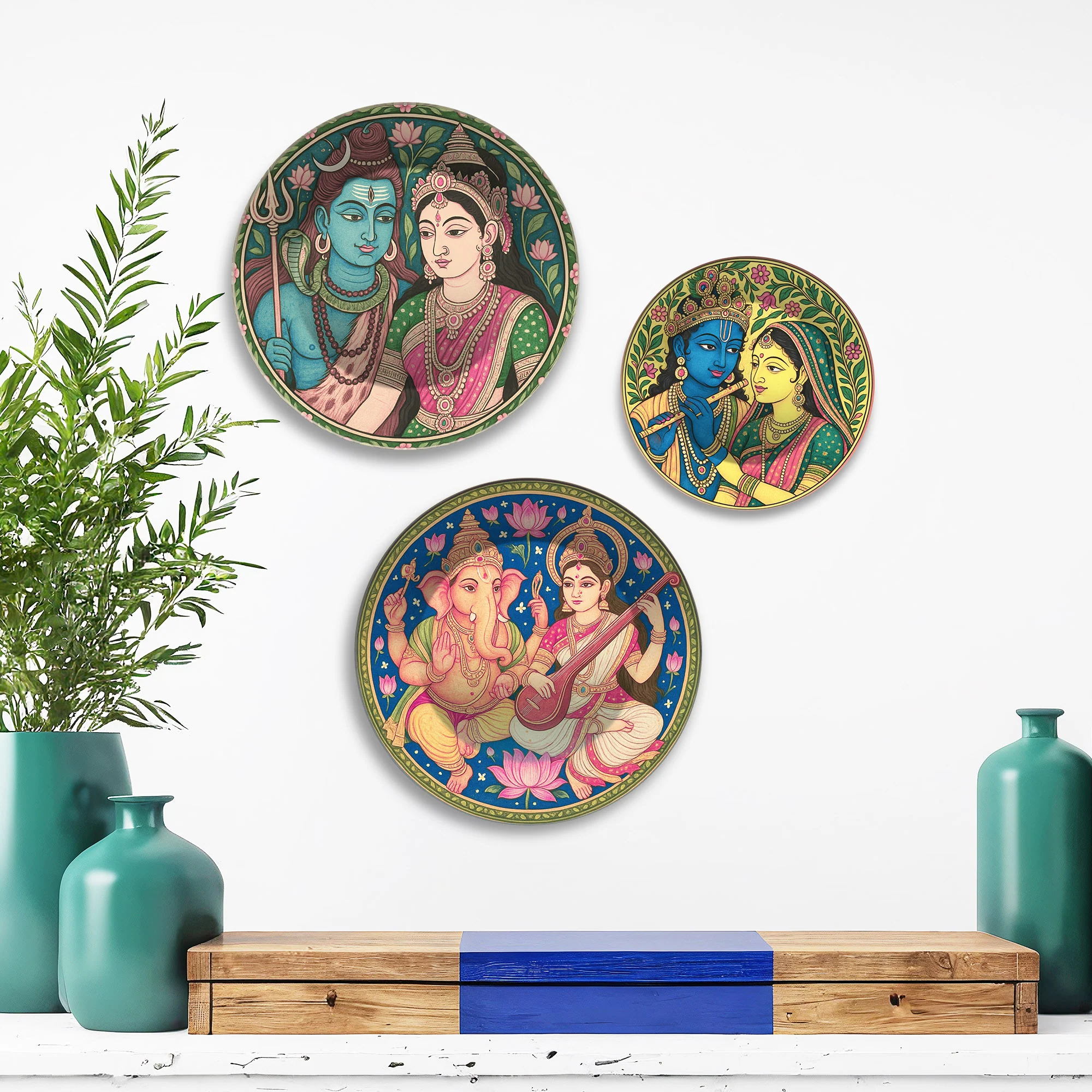 Trinity of Devotion Hindu Gods Premium Wall Plates Painting Set of 3 - Image 2