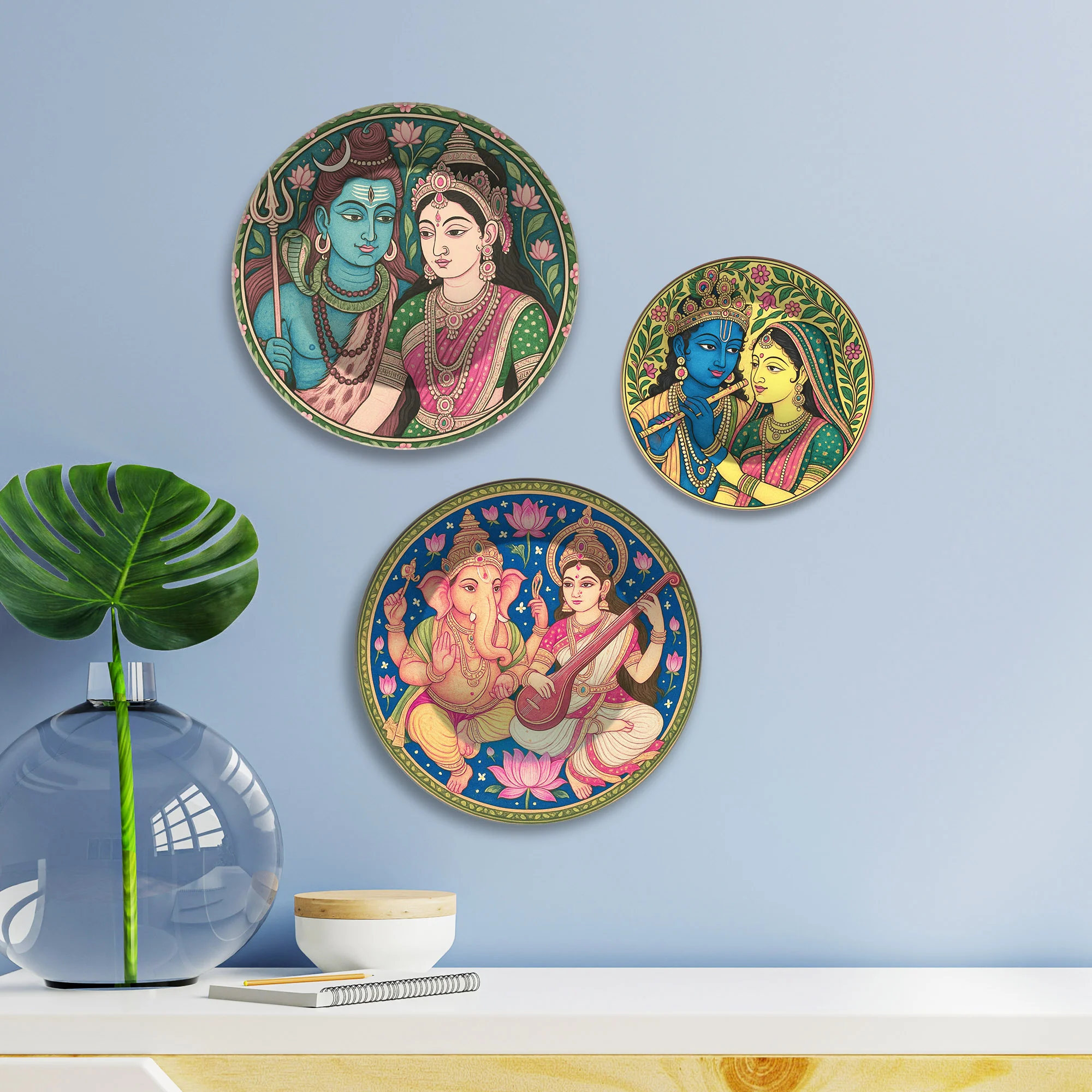 Trinity of Devotion Hindu Gods Premium Wall Plates Painting Set of 3 - Image 3