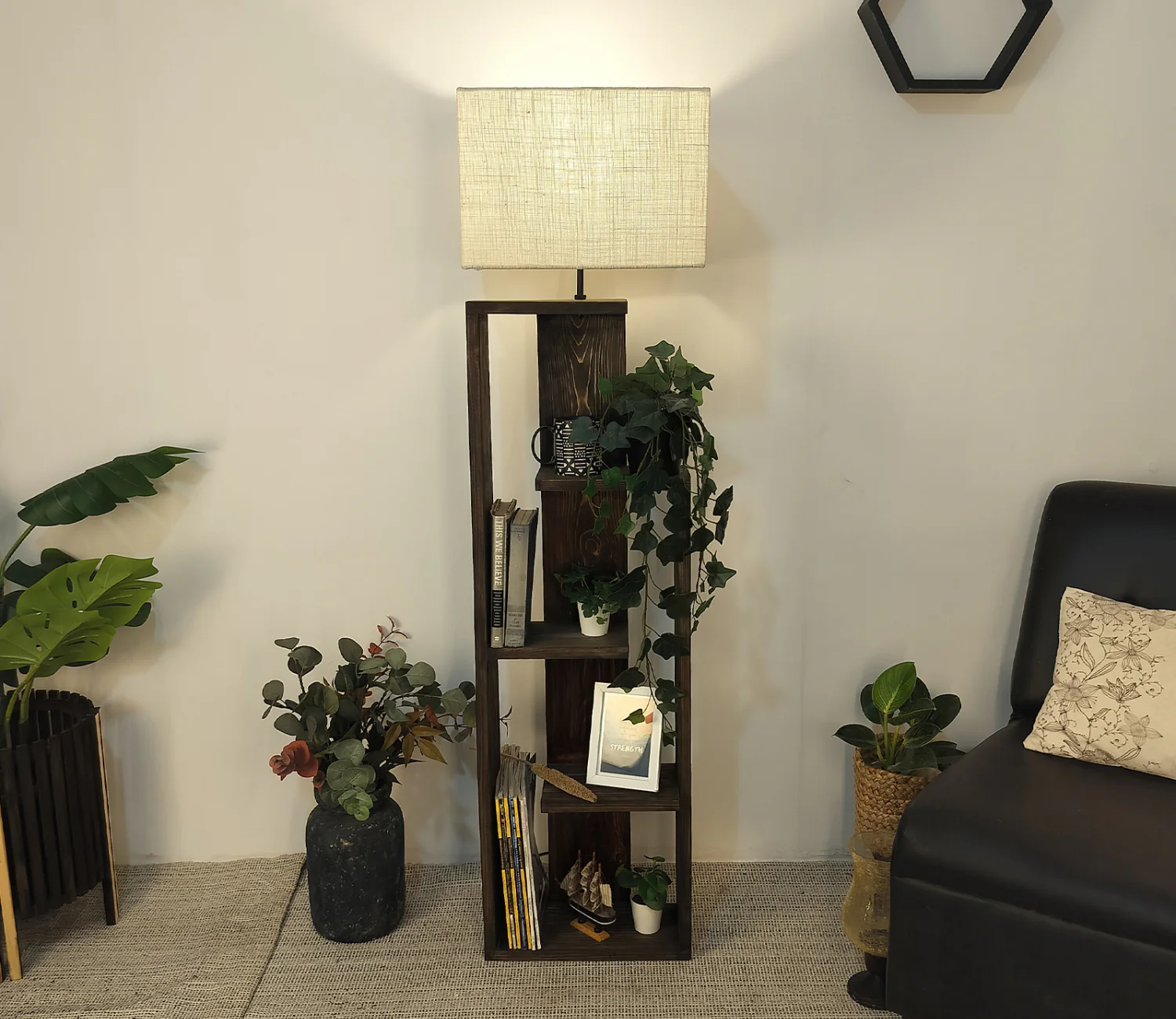 Tripod Beige Wooden Floor Lamp with Shelf Natural Jute Shade - Image 2