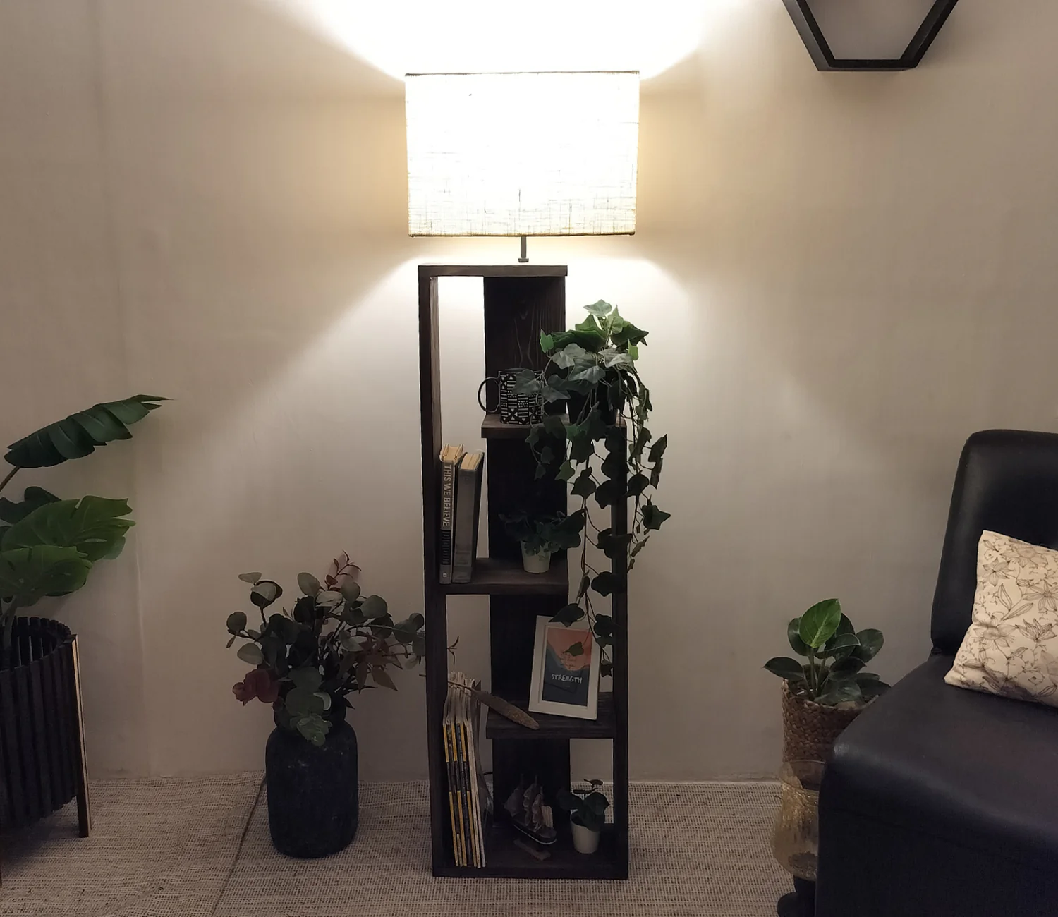 Tripod Beige Wooden Floor Lamp with Shelf Natural Jute Shade - Image 4