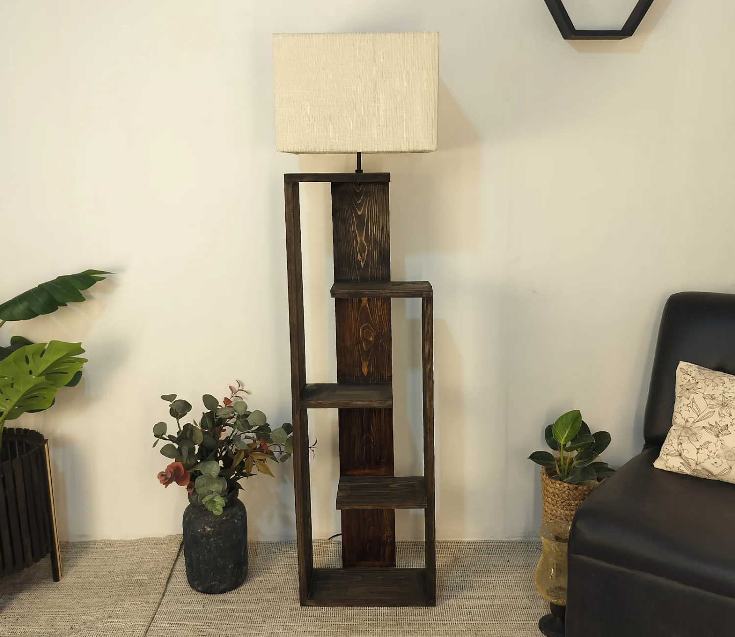 Tripod Beige Wooden Floor Lamp with Shelf Natural Jute Shade - Image 5
