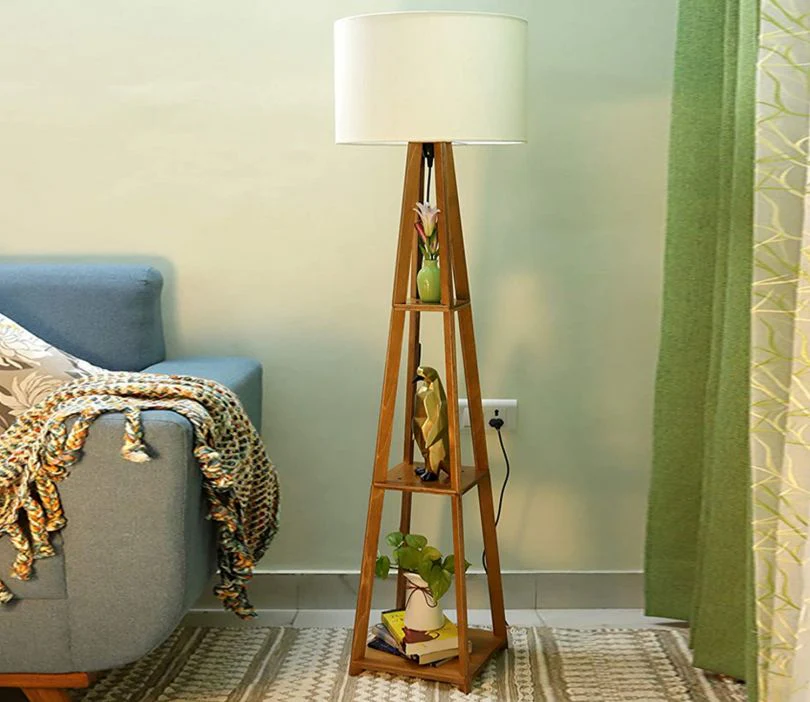Tripod Beige Wooden Floor Lamp with Shelf Natural White Shade - Image 2