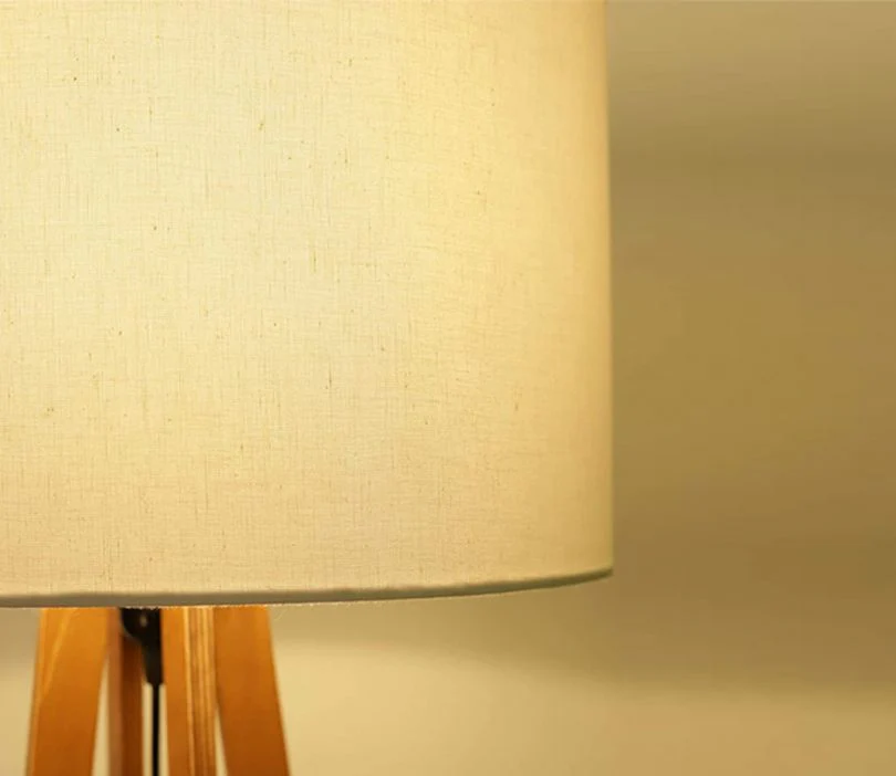 Tripod Beige Wooden Floor Lamp with Shelf Natural White Shade - Image 3