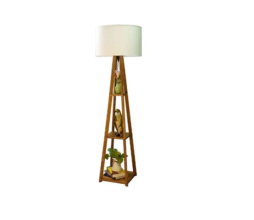 Tripod Beige Wooden Floor Lamp with Shelf Natural White Shade - Image 4