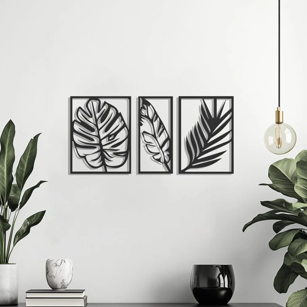 Tropical Palm Leaf Three Frames Metal Art Wall Decor - Image 2