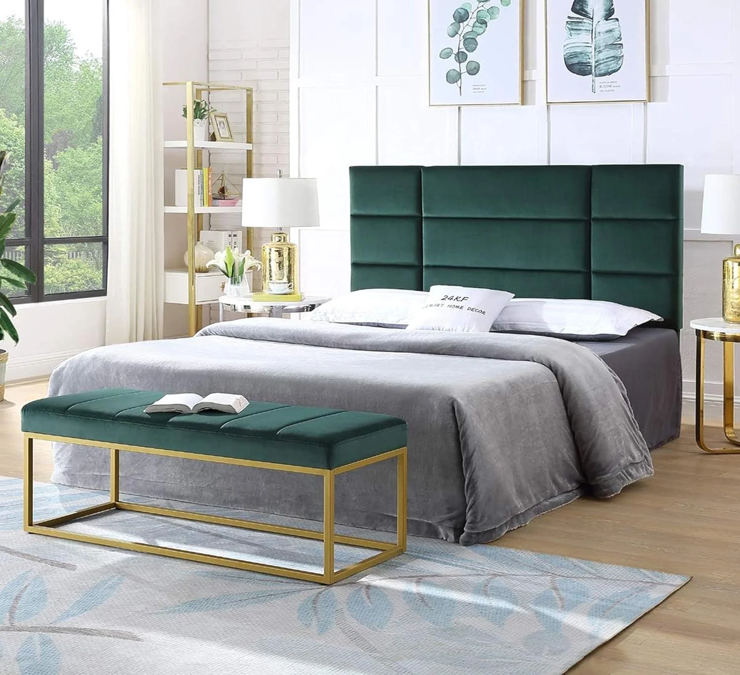 Tufted Rich Green Velvet Bench with Sleek Gold Metal Legs Ottoman - Image 2