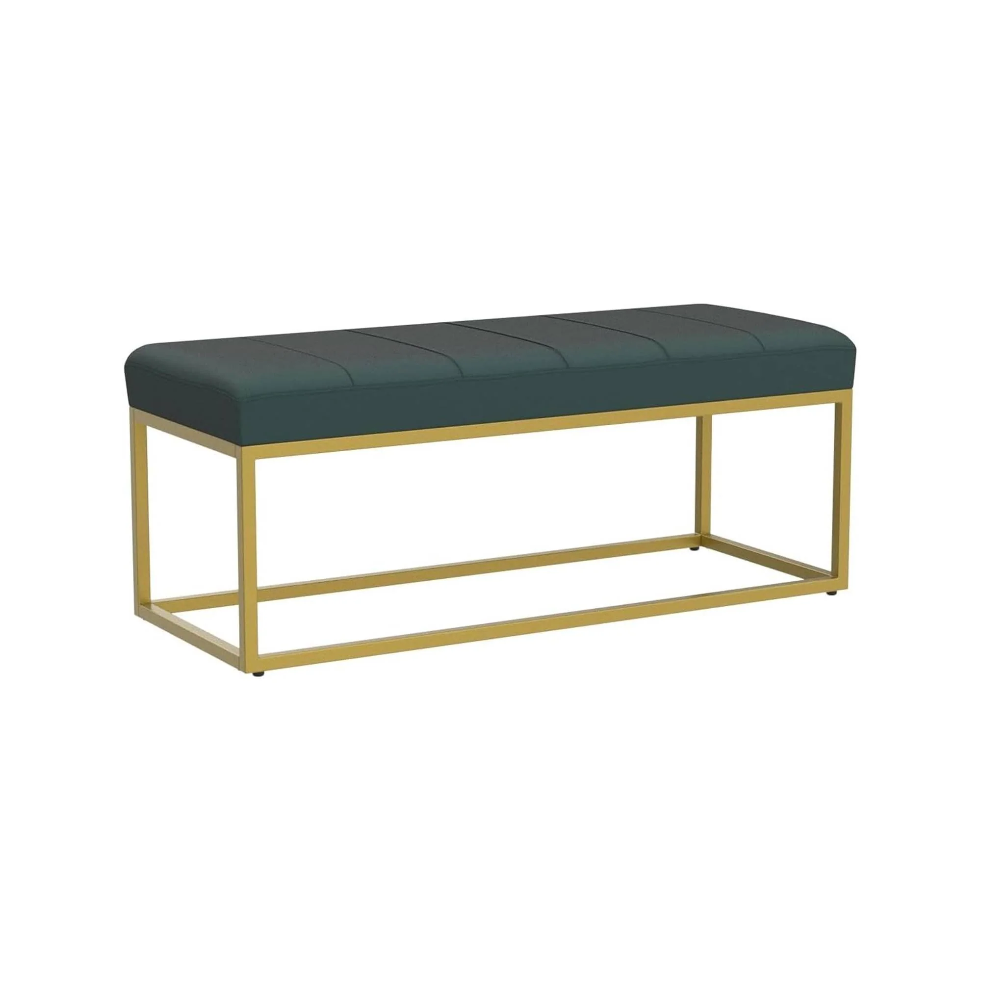 Tufted Rich Green Velvet Bench with Sleek Gold Metal Legs Ottoman - Image 3