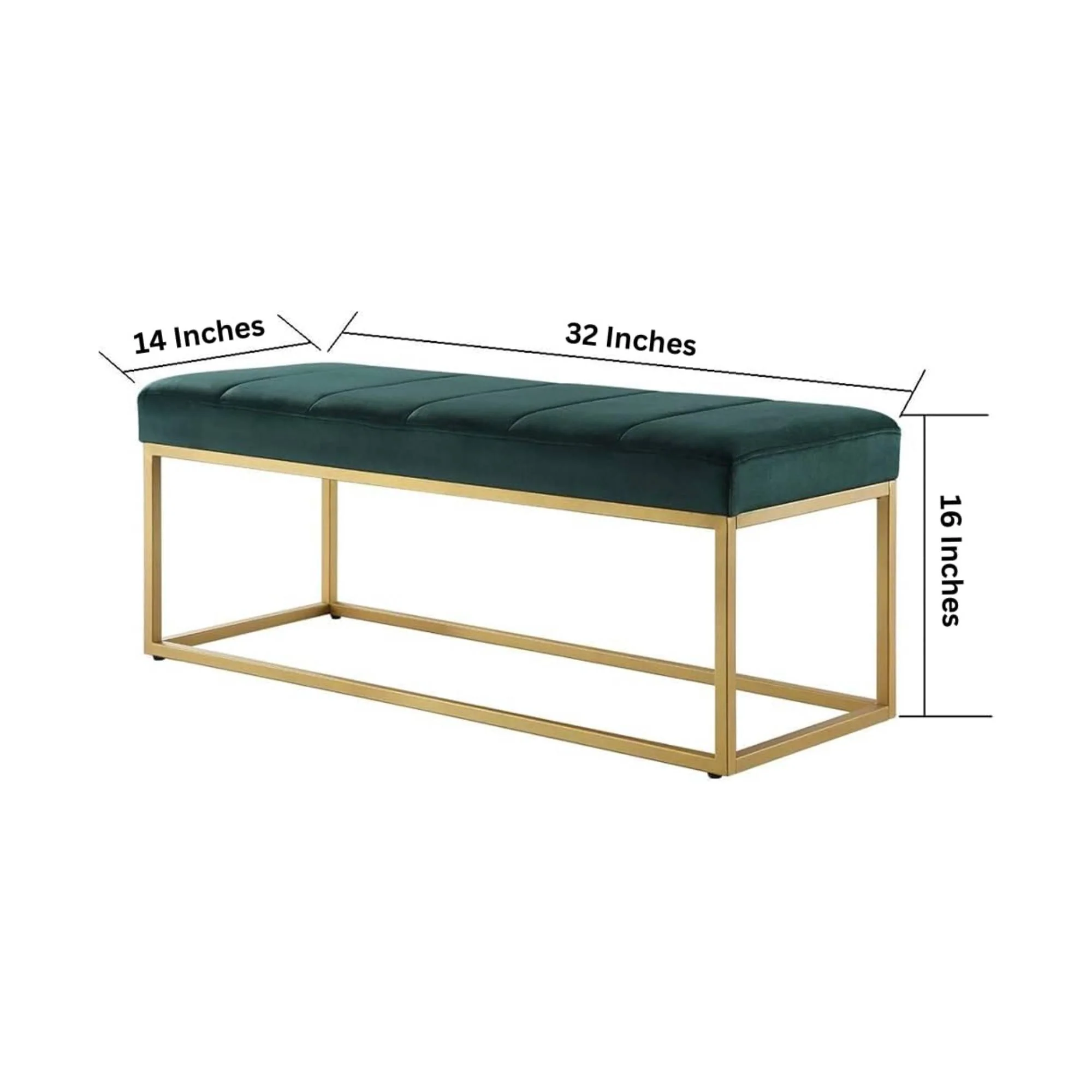 Tufted Rich Green Velvet Bench with Sleek Gold Metal Legs Ottoman - Image 6
