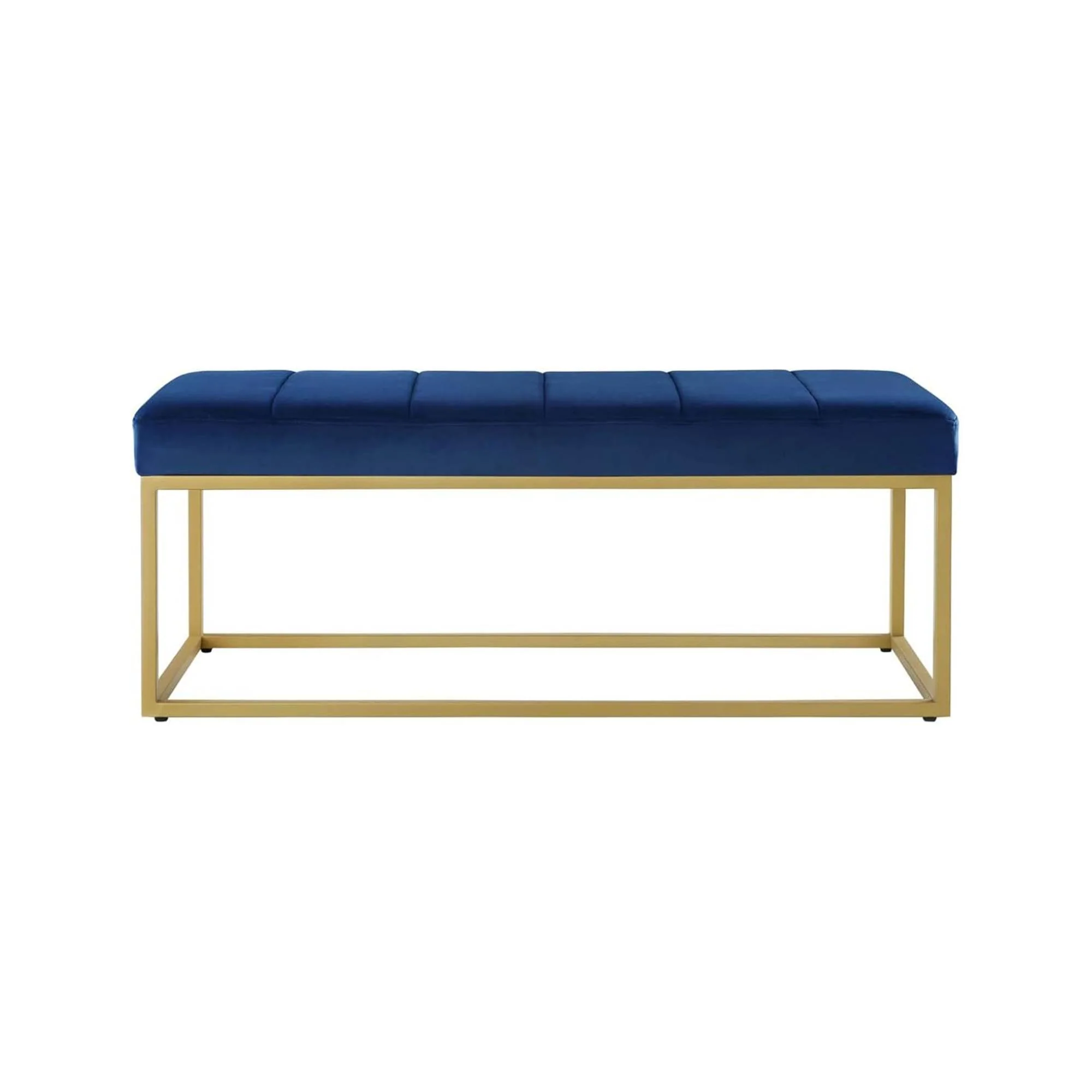 Tufted Royal Blue Velvet Bench with Sleek Gold Metal Legs Ottoman - Image 3