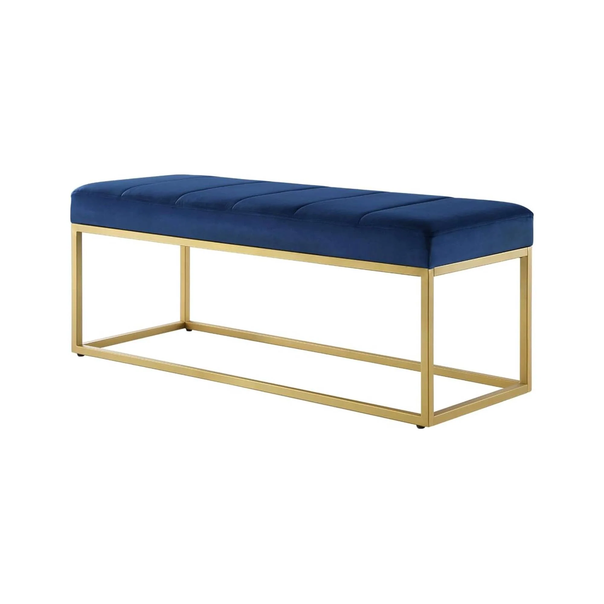 Tufted Royal Blue Velvet Bench with Sleek Gold Metal Legs Ottoman - Image 4