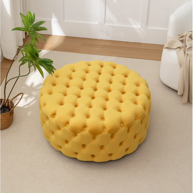 Tufted Yellow Round Shape Velvet Ottoman - Image 2