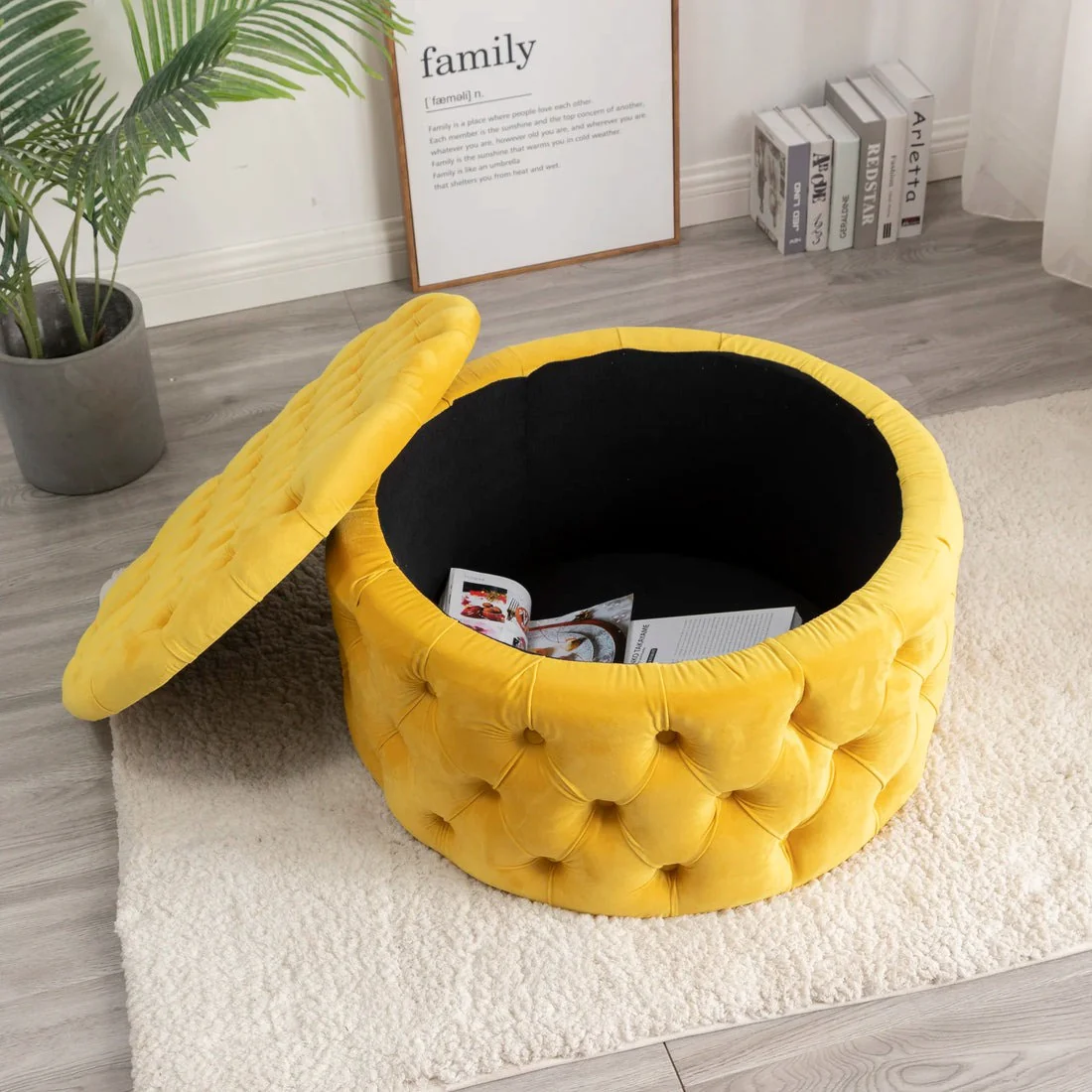 Tufted Yellow Round Shape Velvet Ottoman - Image 6