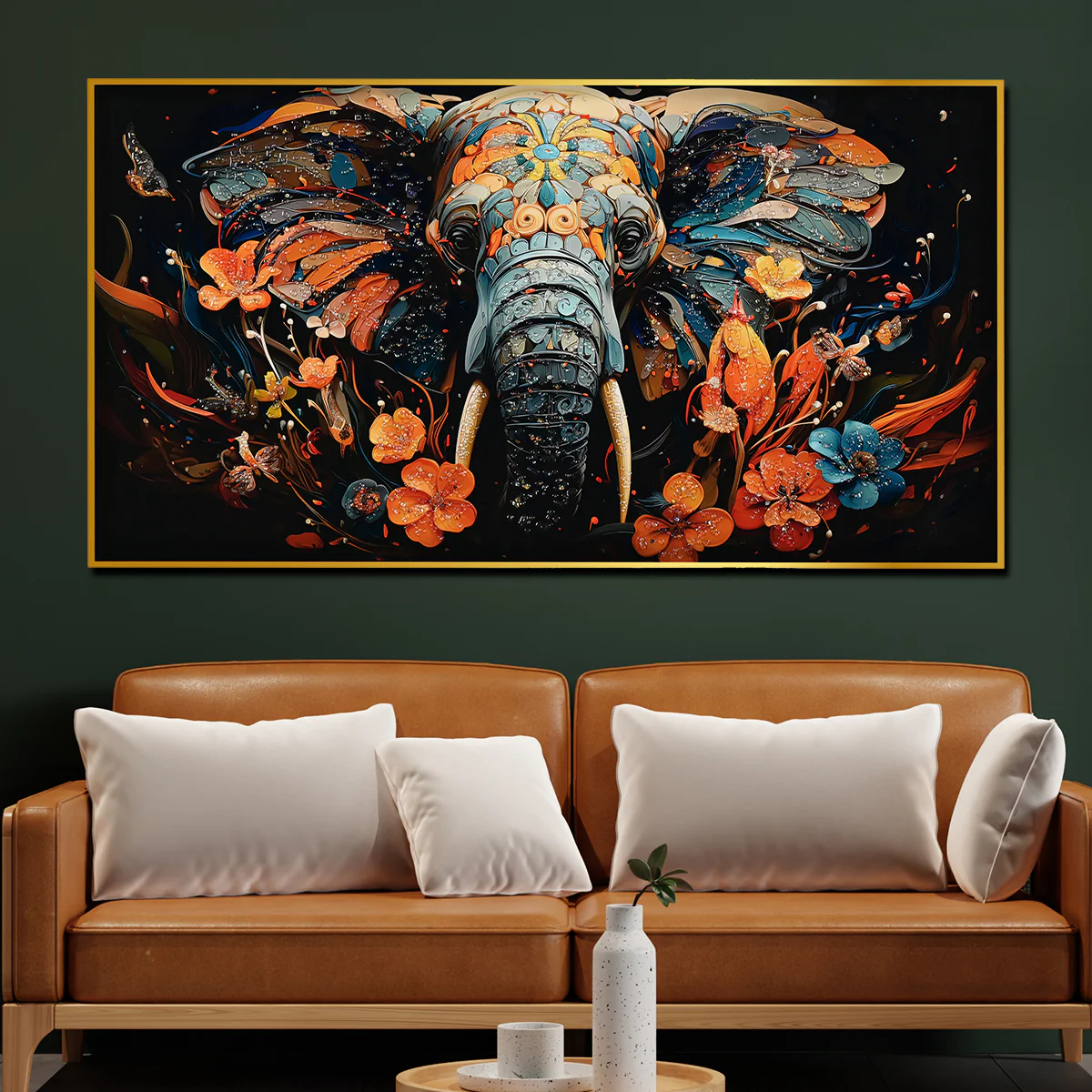Tusk in Floral Beauty Elephant Framed Crystal Glass Painting - Image 2