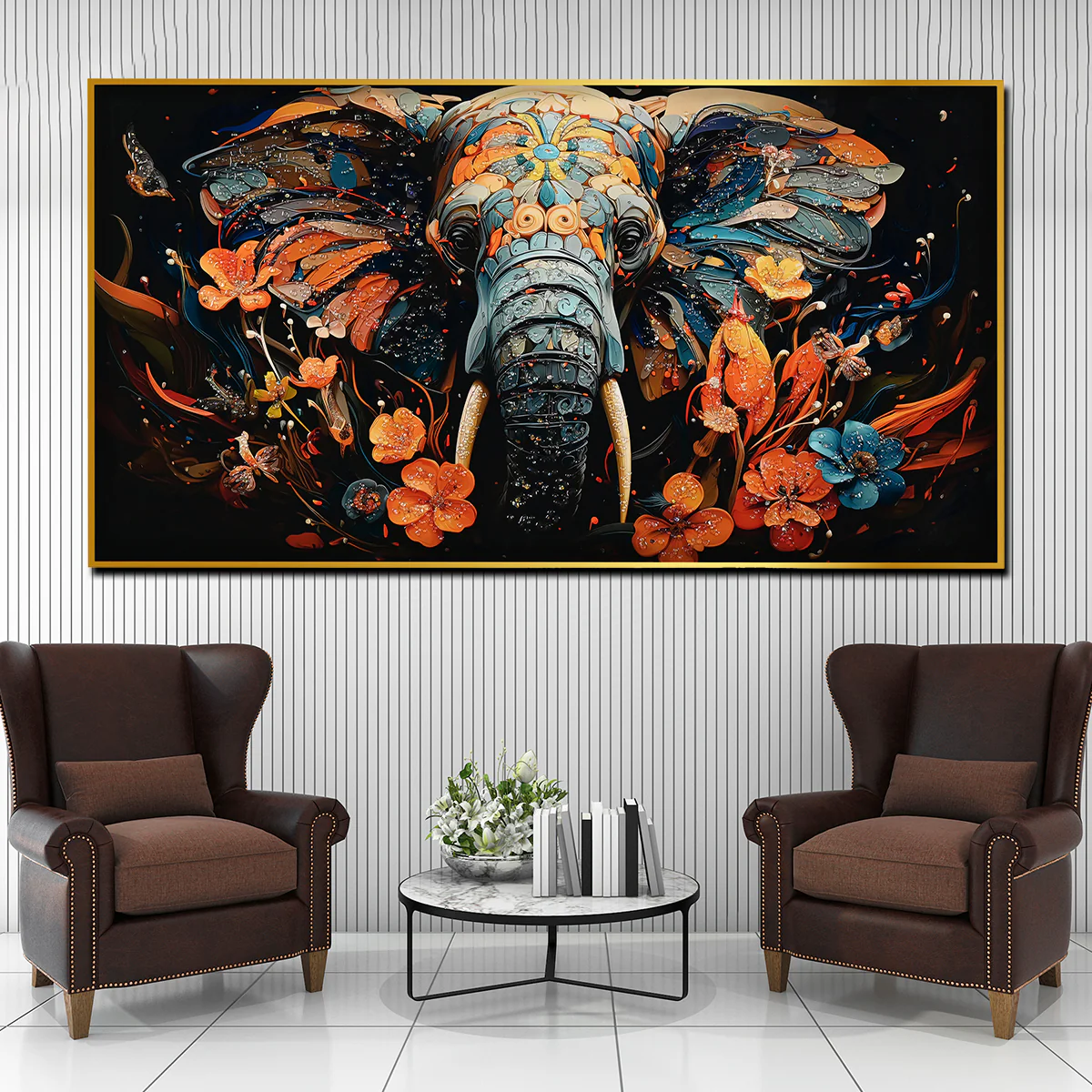 Tusk in Floral Beauty Elephant Framed Crystal Glass Painting - Image 3