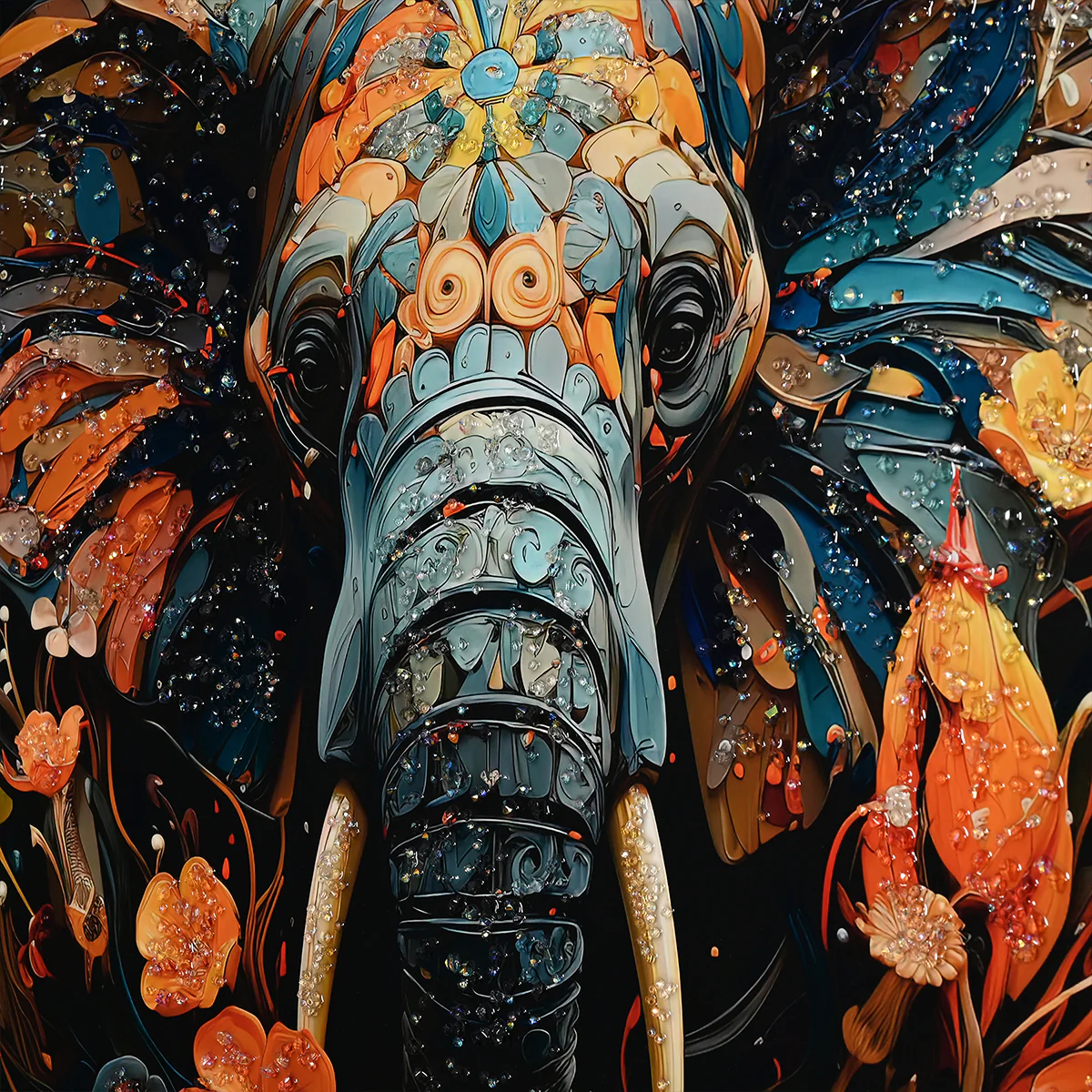Tusk in Floral Beauty Elephant Framed Crystal Glass Painting - Image 4