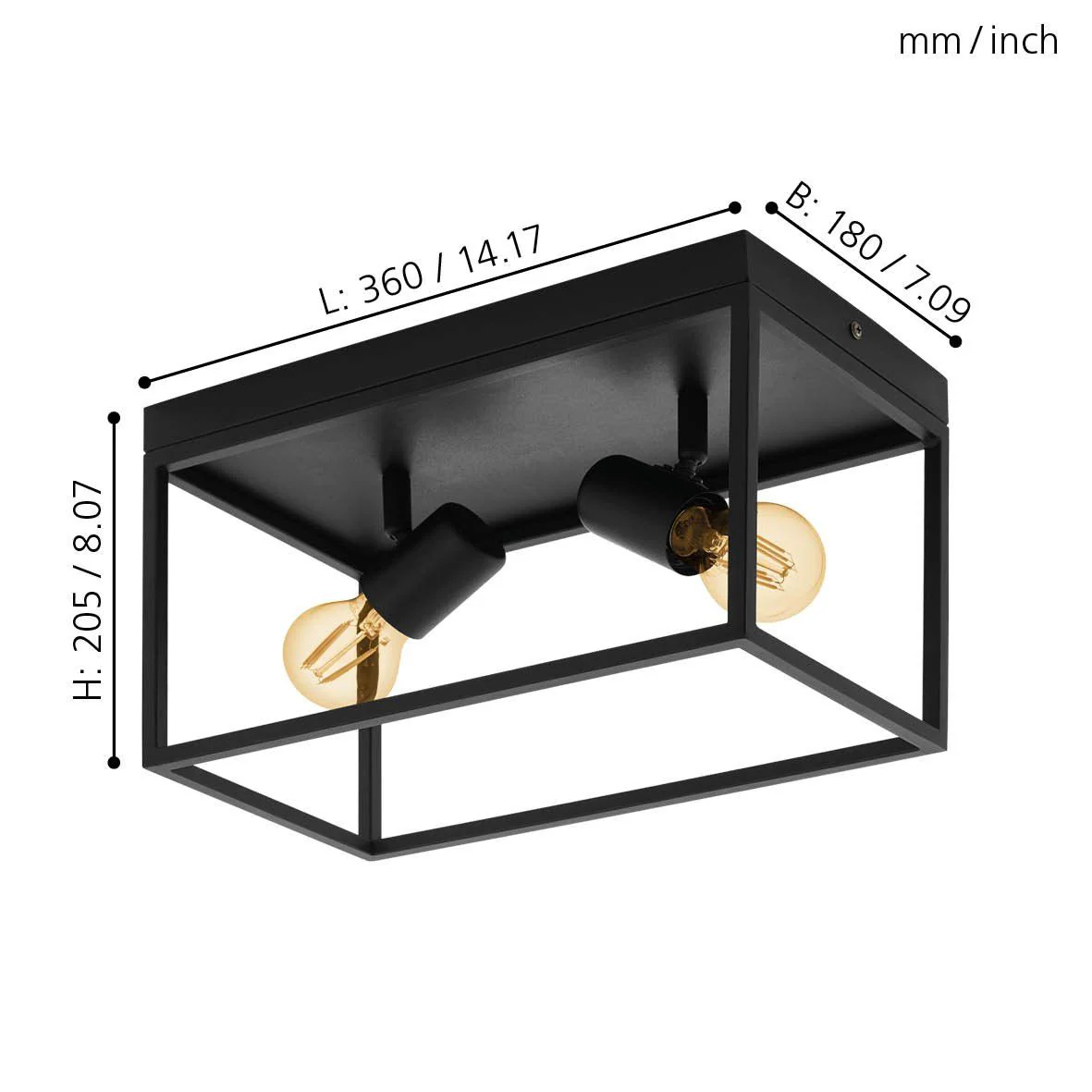 Two Bulb Steel Ceiling Light with Black Clear Glass - Image 3