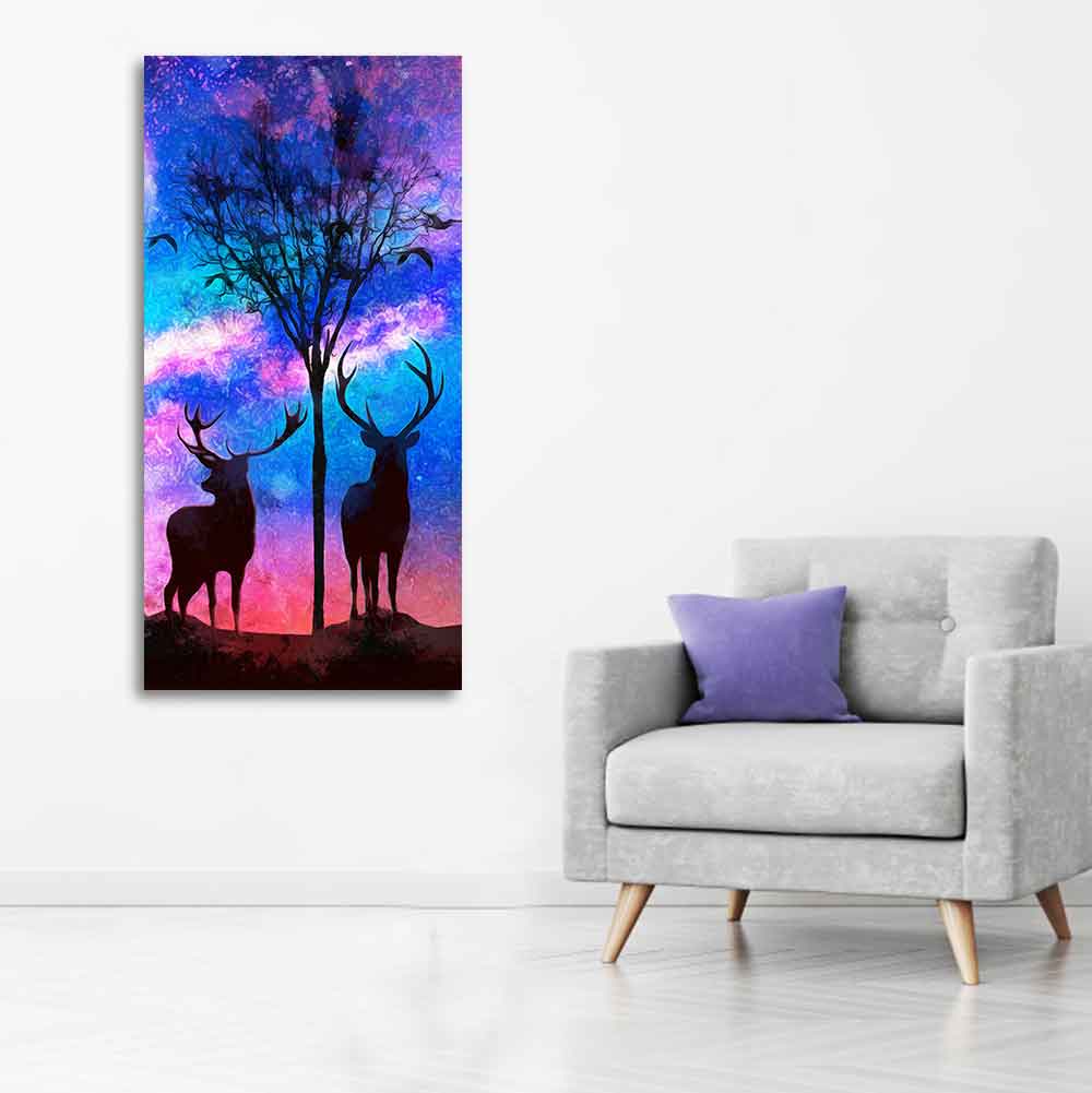 Two Deer in Forest at Night Premium Canvas Wall Painting - Image 3