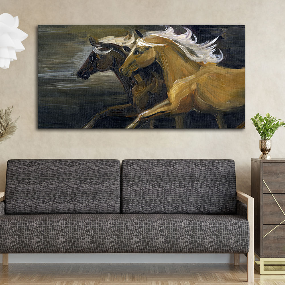 Two Horses Running in Dark Canvas Wall Painting - Image 2
