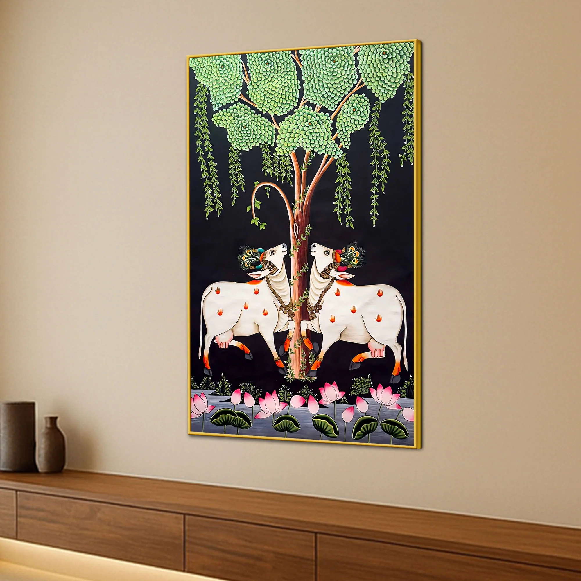 Two Sacred Cow Under Tree Pichwai Canvas Wall Painting for Home Decor - Image 3