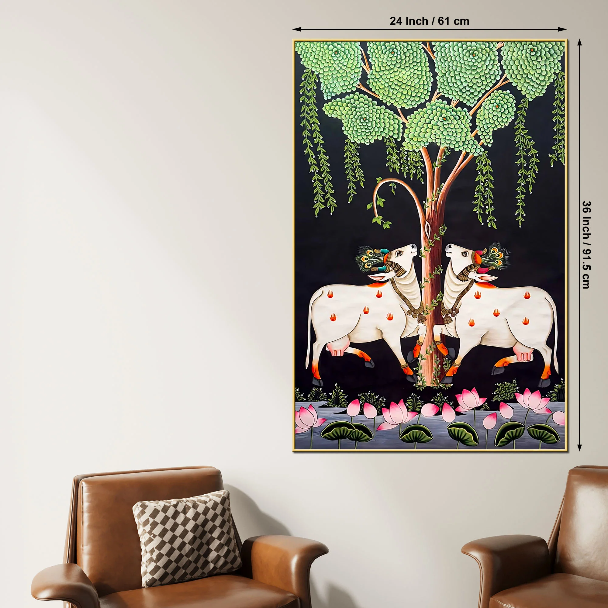 Two Sacred Cow Under Tree Pichwai Canvas Wall Painting for Home Decor - Image 5