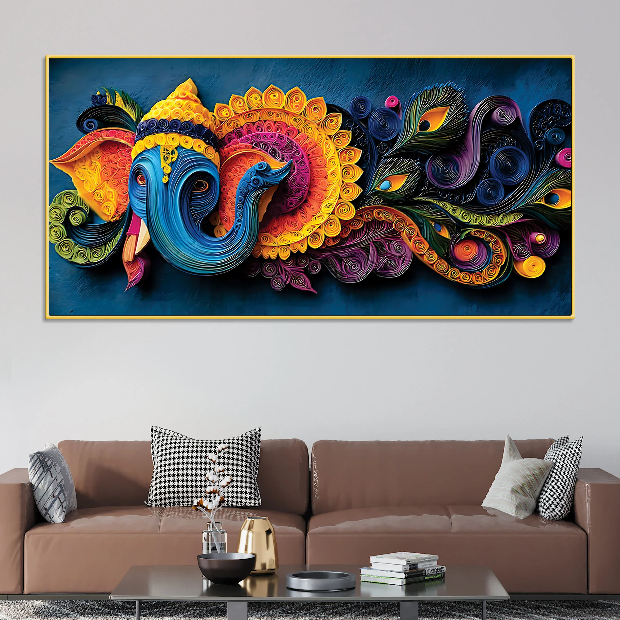 Unique Abstract Quilling Art Styled Lord Ganesha Canvas Wall Painting for Home & Office Decoration – Modern Spiritual Wall Decor