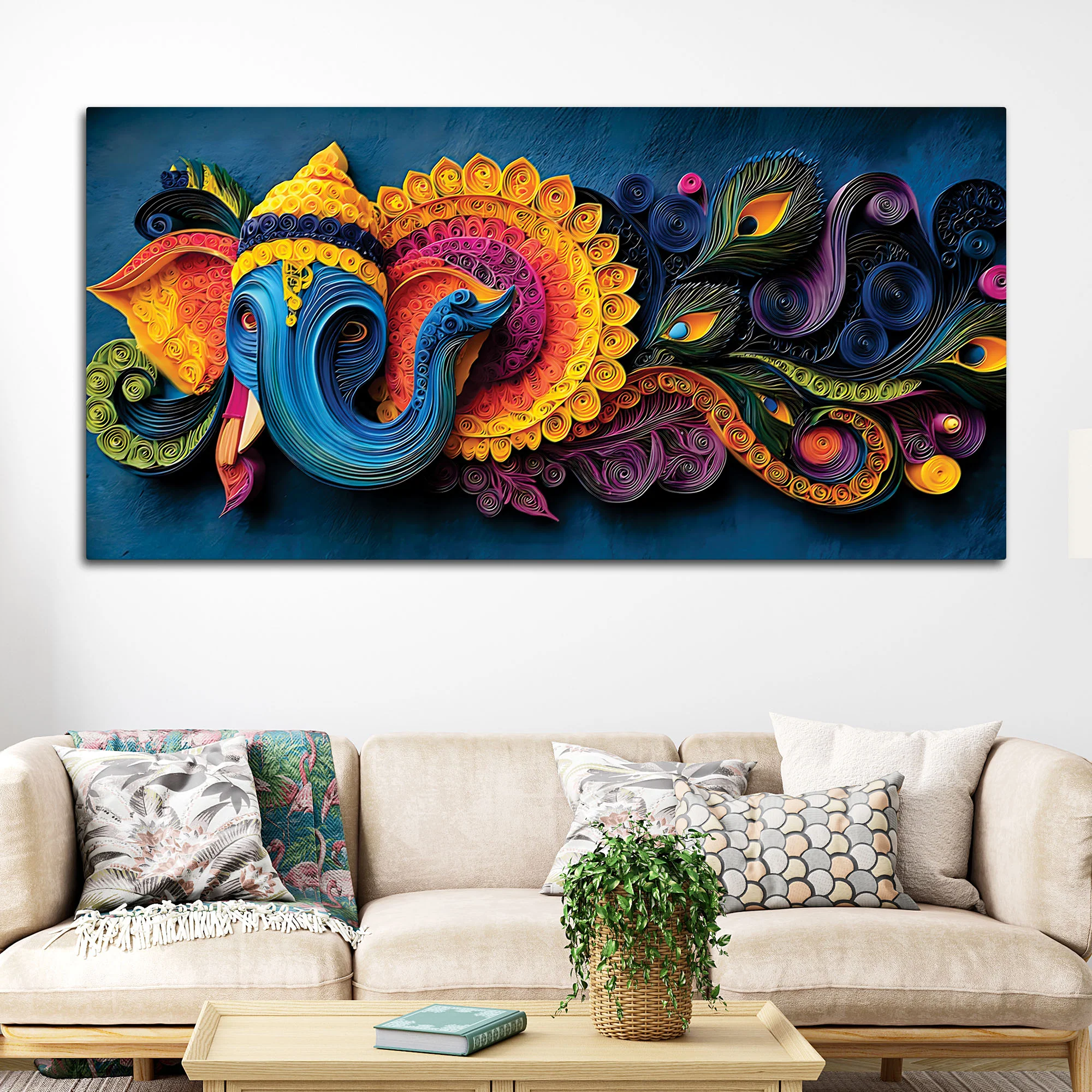 Unique Abstract Quilling Art Styled Lord Ganesha Canvas Wall Painting for Home & Office Decoration – Modern Spiritual Wall Decor - Image 2