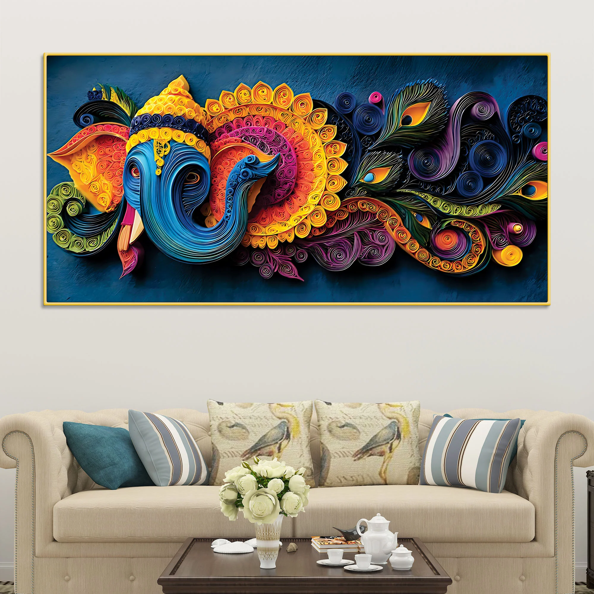 Unique Abstract Quilling Art Styled Lord Ganesha Canvas Wall Painting for Home & Office Decoration – Modern Spiritual Wall Decor - Image 3