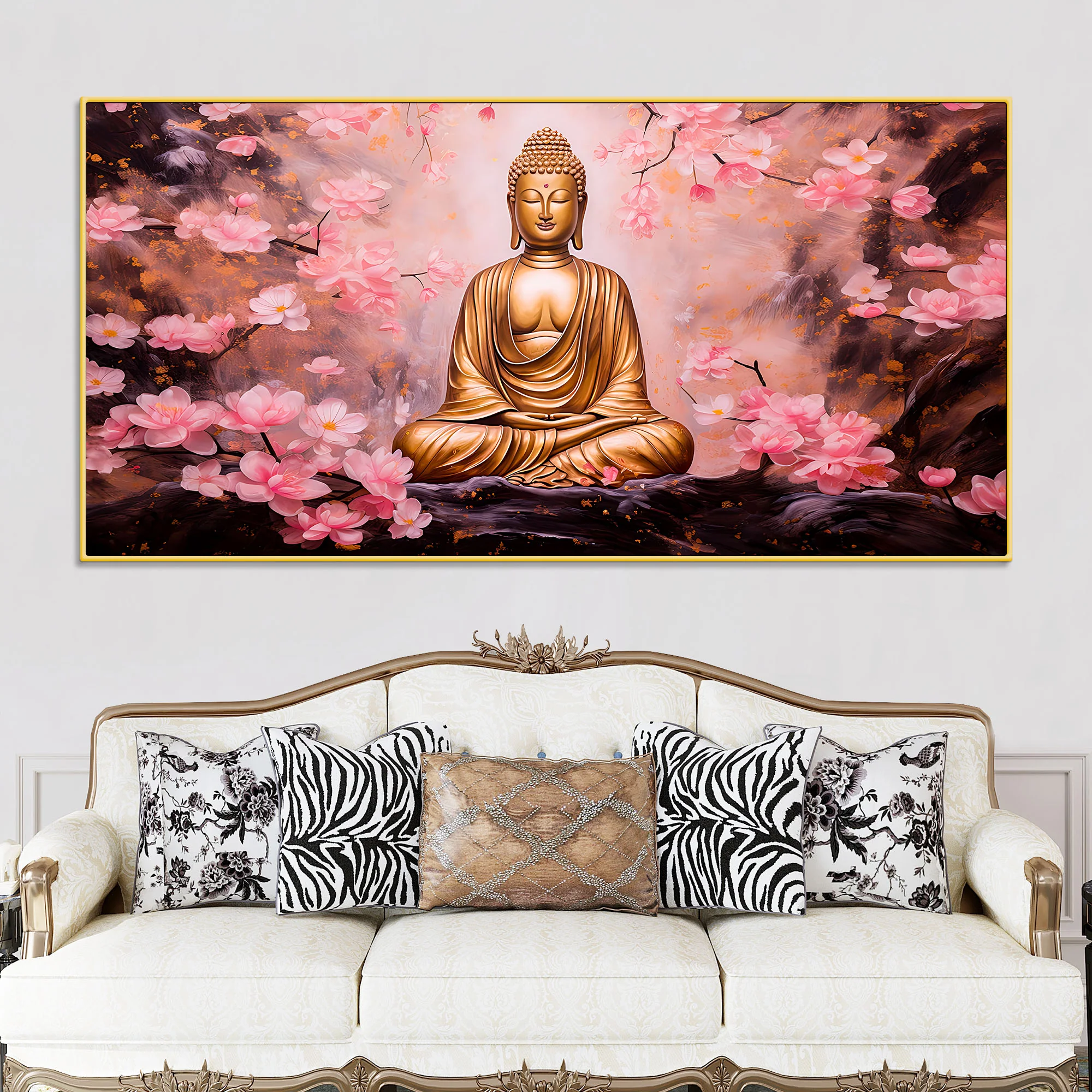 Unique Buddha Wall Painting with Cherry Blossom Theme - Image 2