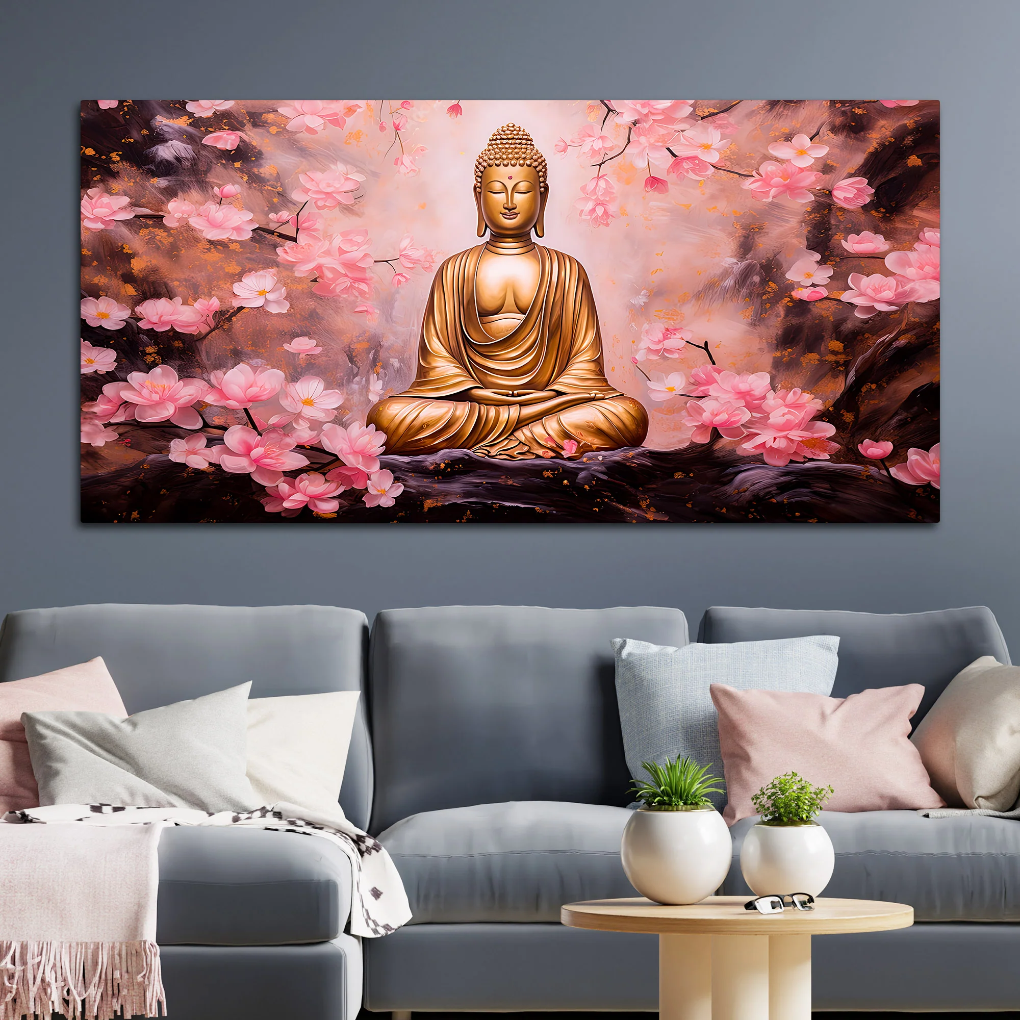 Unique Buddha Wall Painting with Cherry Blossom Theme - Image 3
