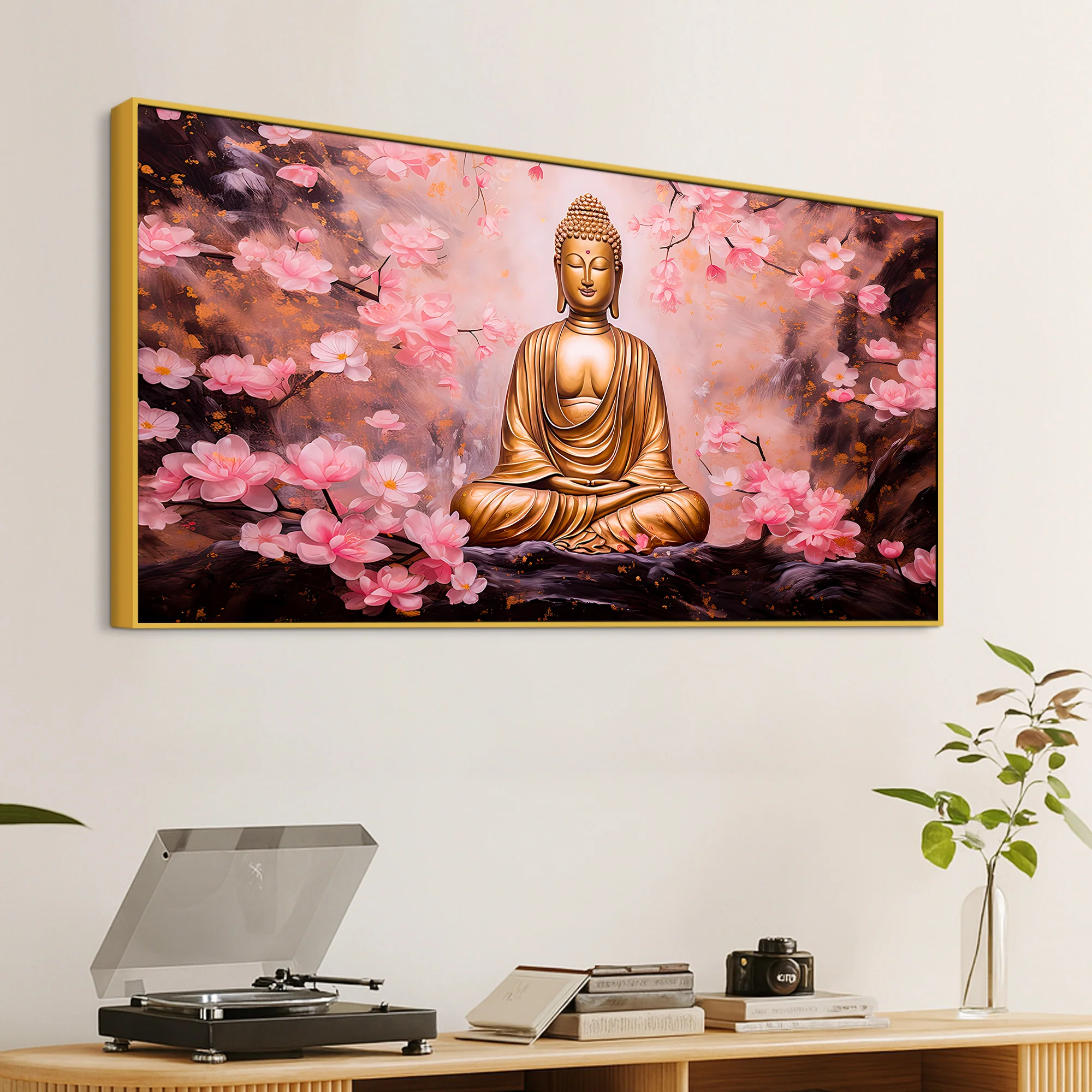 Unique Buddha Wall Painting with Cherry Blossom Theme - Image 5
