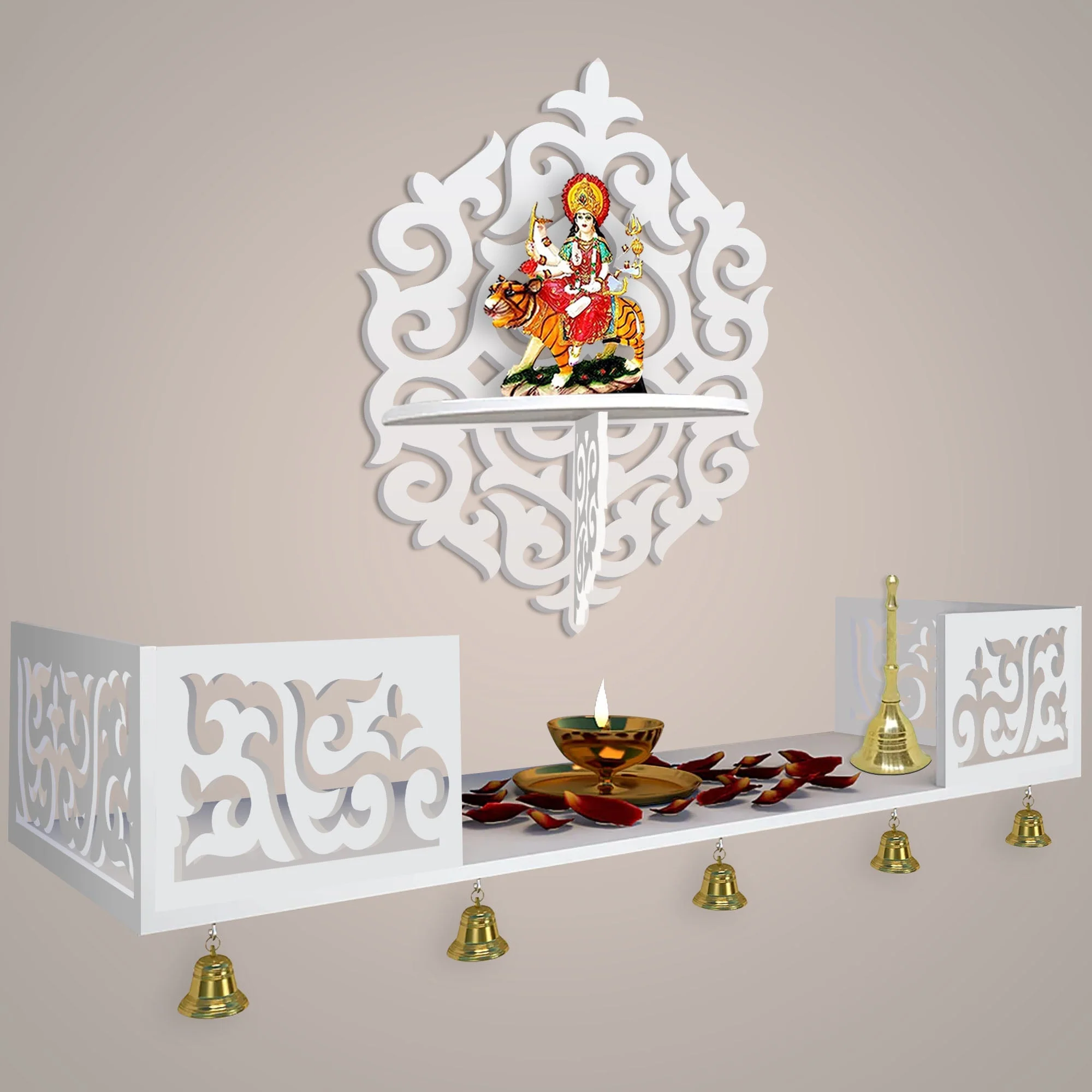 Unique Designer Beautiful Wall Hanging Wooden Temple/ Pooja Mandir Design with Shelf, White Color - Image 2