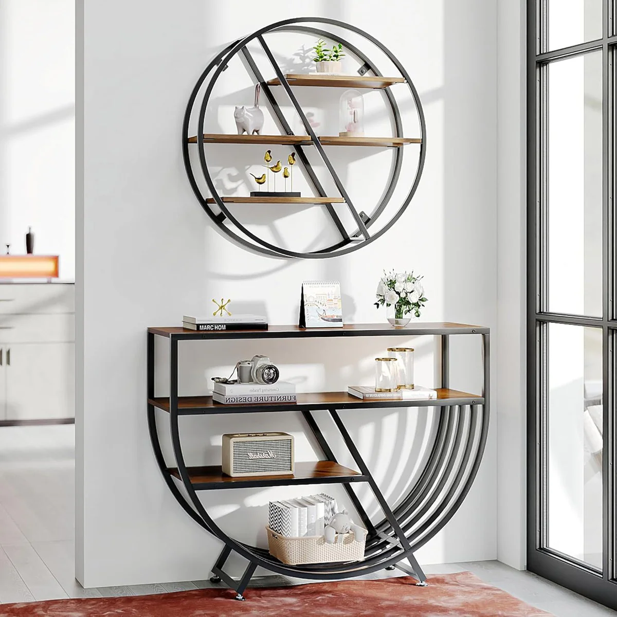 Unique Geometric Console Table with 3-Tier Wooden Shelves - Image 2