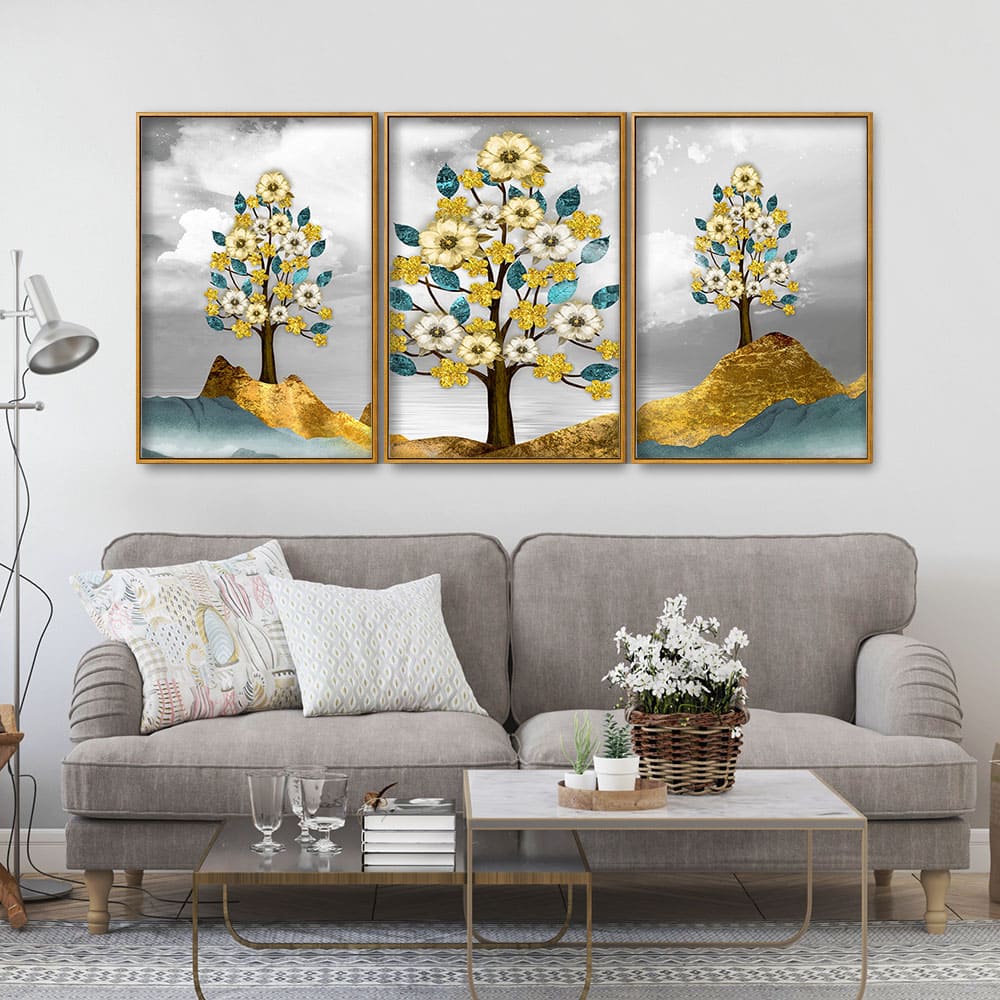 Unique Golden Trees Floating Canvas Wall Painting Set of Three - Image 2