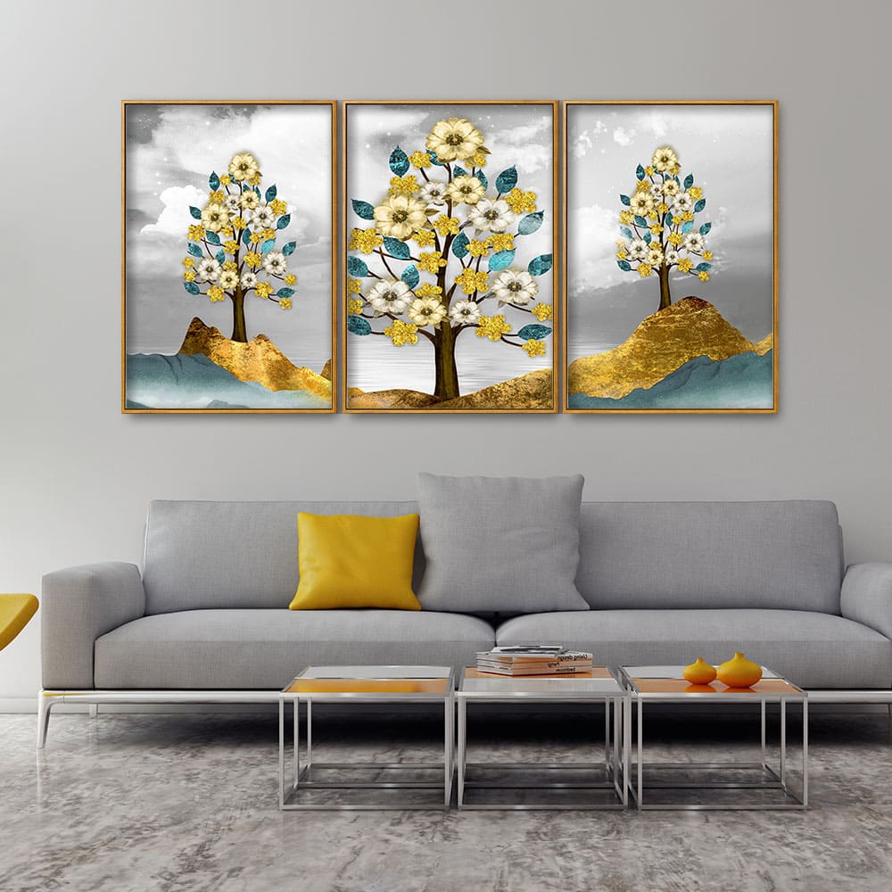 Unique Golden Trees Floating Canvas Wall Painting Set of Three - Image 3