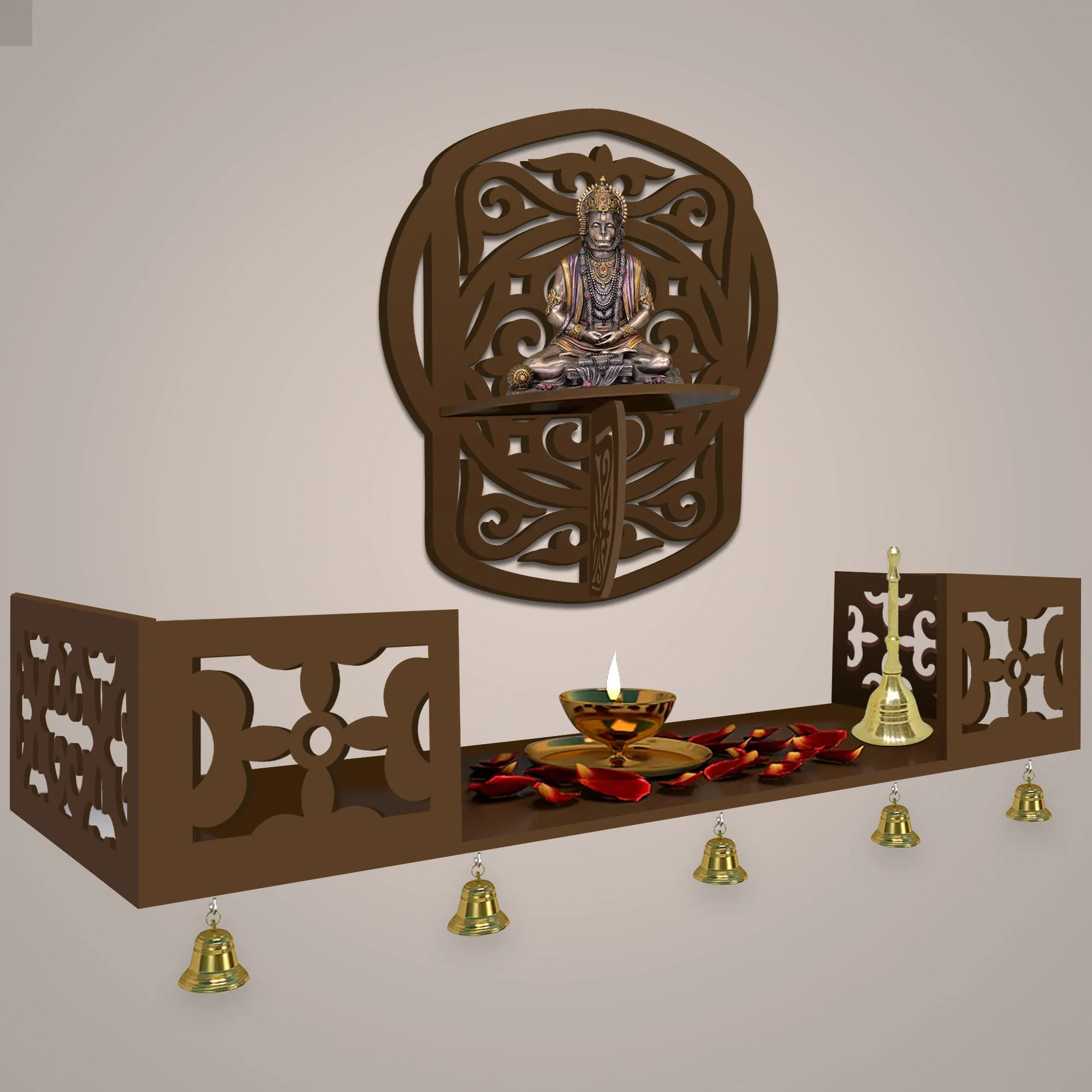 Unique Modern Designer Beautiful Wall Hanging Wooden Temple/ Pooja Mandir Design with Shelf, Brown Color - Image 2