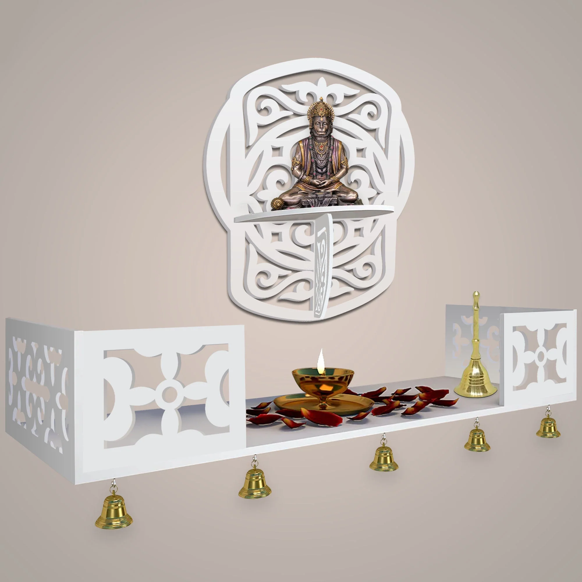 Unique Modern Designer Beautiful Wall Hanging Wooden Temple/ Pooja Mandir Design with Shelf, White Color - Image 2
